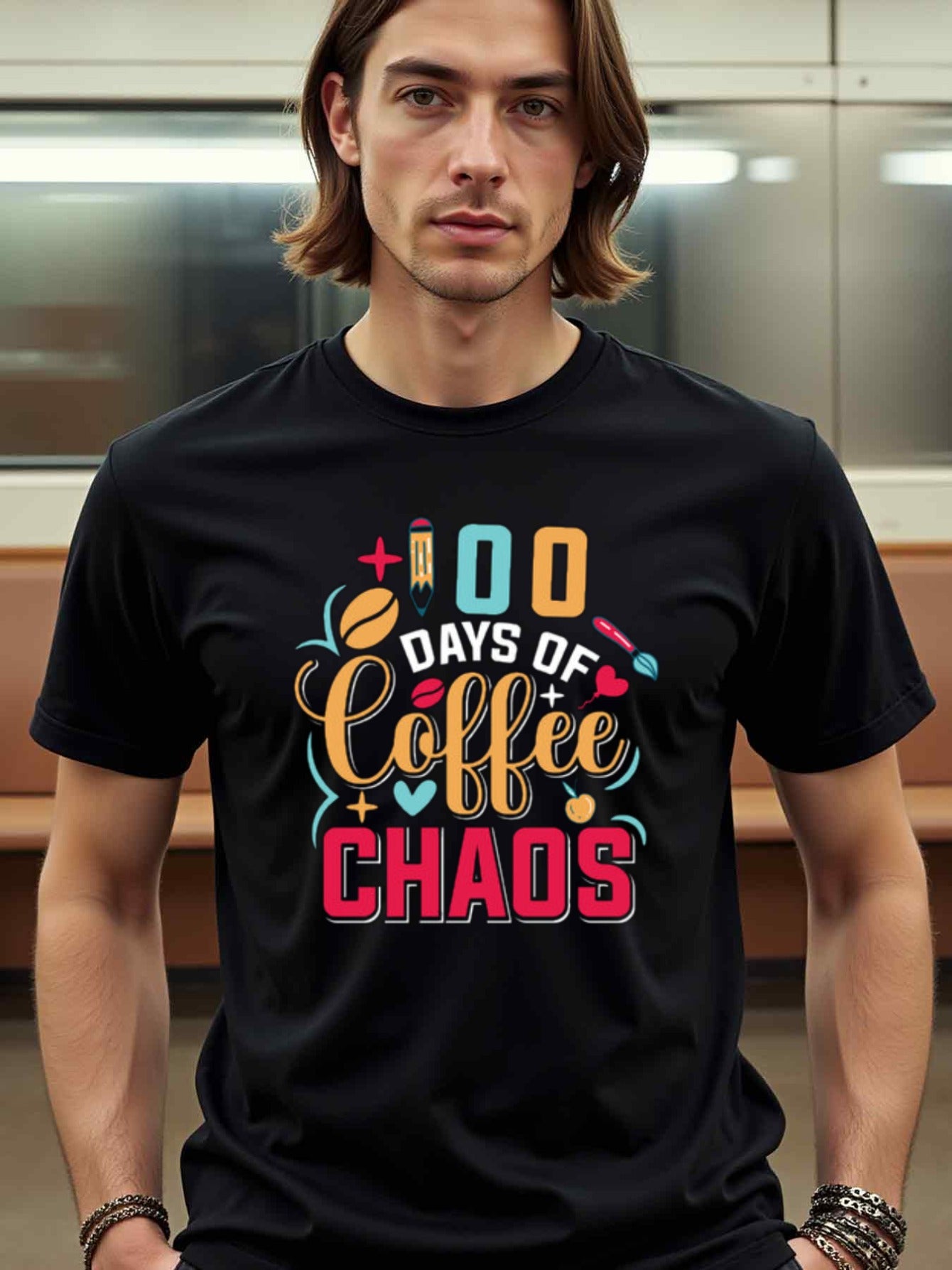 natee local warehouse clearance 100 Days of Coffee Chaos - Funny Coffee Lovers T-shirt, man's T-Shirt,100% Cotton Fabric,Crew Neck,Short Sleeve,Regular Fit,All-Season Casual Wear,180gsm-Ideal for Valentines Christian festival Thanksgiving Day, 男t