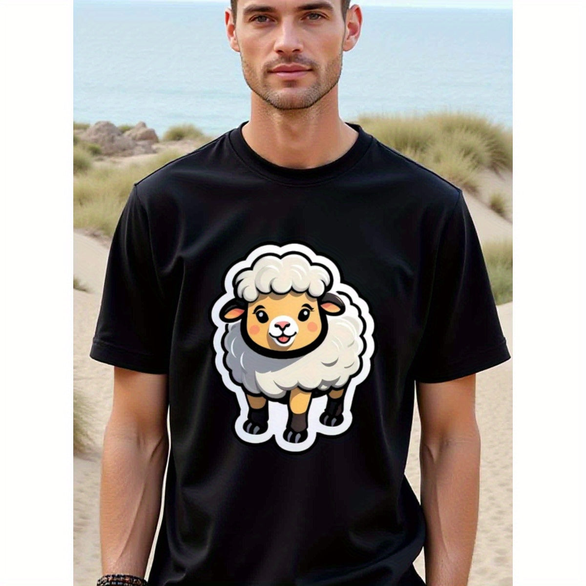 natee local warehouse clearance Adorable Cartoon Sheep Graphic Tee for Men, man's T-Shirt,100% Cotton Fabric,Crew Neck,Short Sleeve,Regular Fit,All-Season Casual Wear,180gsm-Ideal For Summer Holiday Gift, 男t