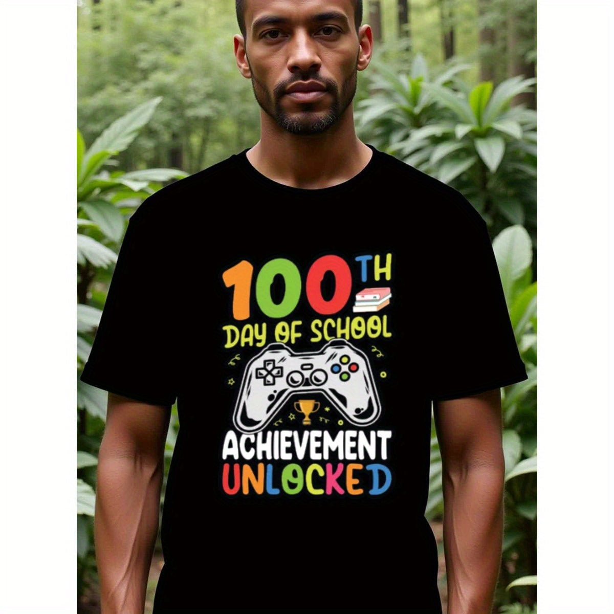 natee local warehouse clearance 100th Day of School: Achievement Unlocked Gamer T-shirt, man's T-Shirt,100% Cotton Fabric,Crew Neck,Short Sleeve,Regular Fit,All-Season Casual Wear,180gsm-Ideal for All Saints' Day Thanksgiving Day, 男t