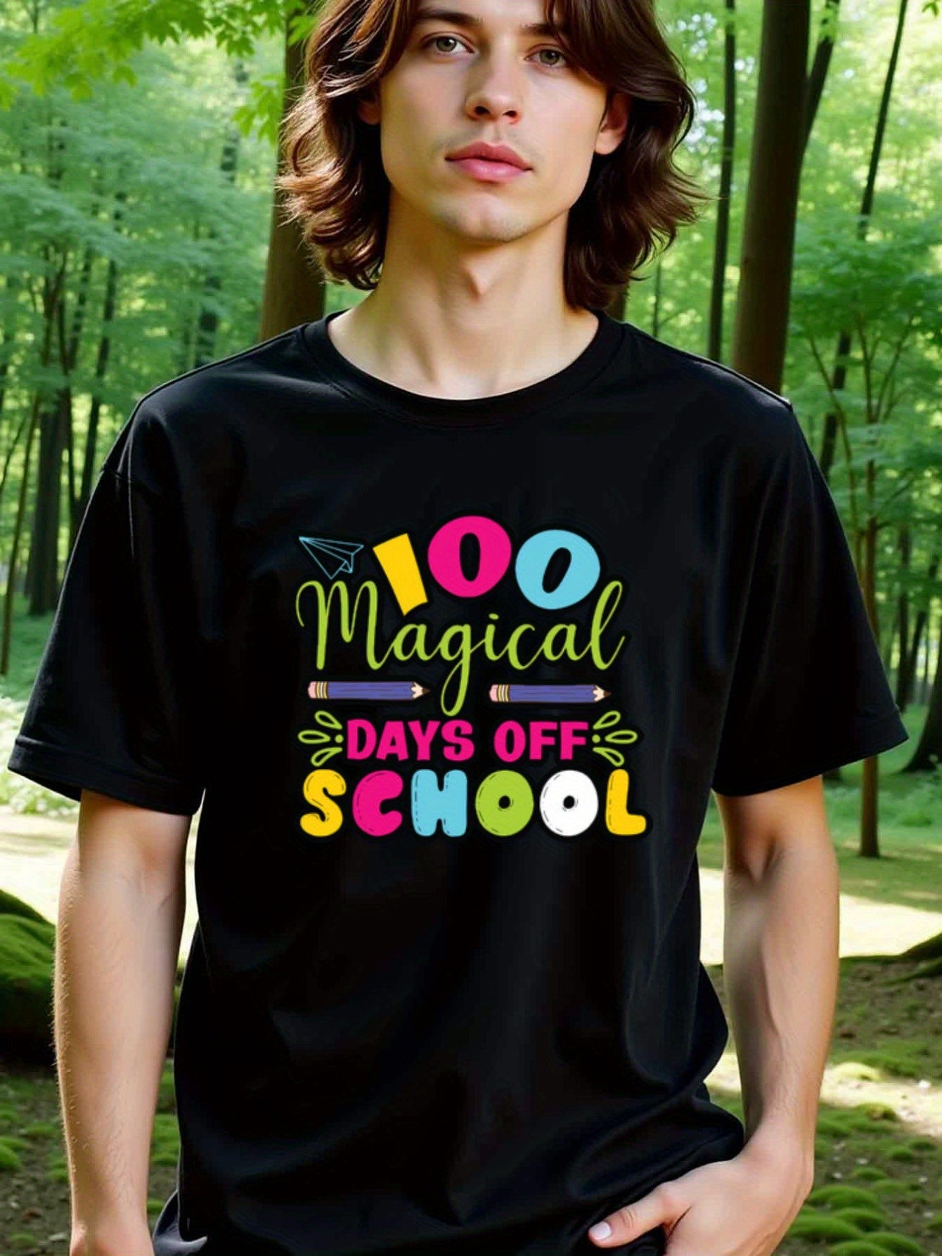 natee local warehouse clearance 100 Magical Days Off School - Fun Teacher Appreciation Shirt, man's T-Shirt,100% Cotton Fabric,Crew Neck,Short Sleeve,Regular Fit,All-Season Casual Wear,180gsm-Ideal for Valentines Christian festival Thanksgiving Day, 男t