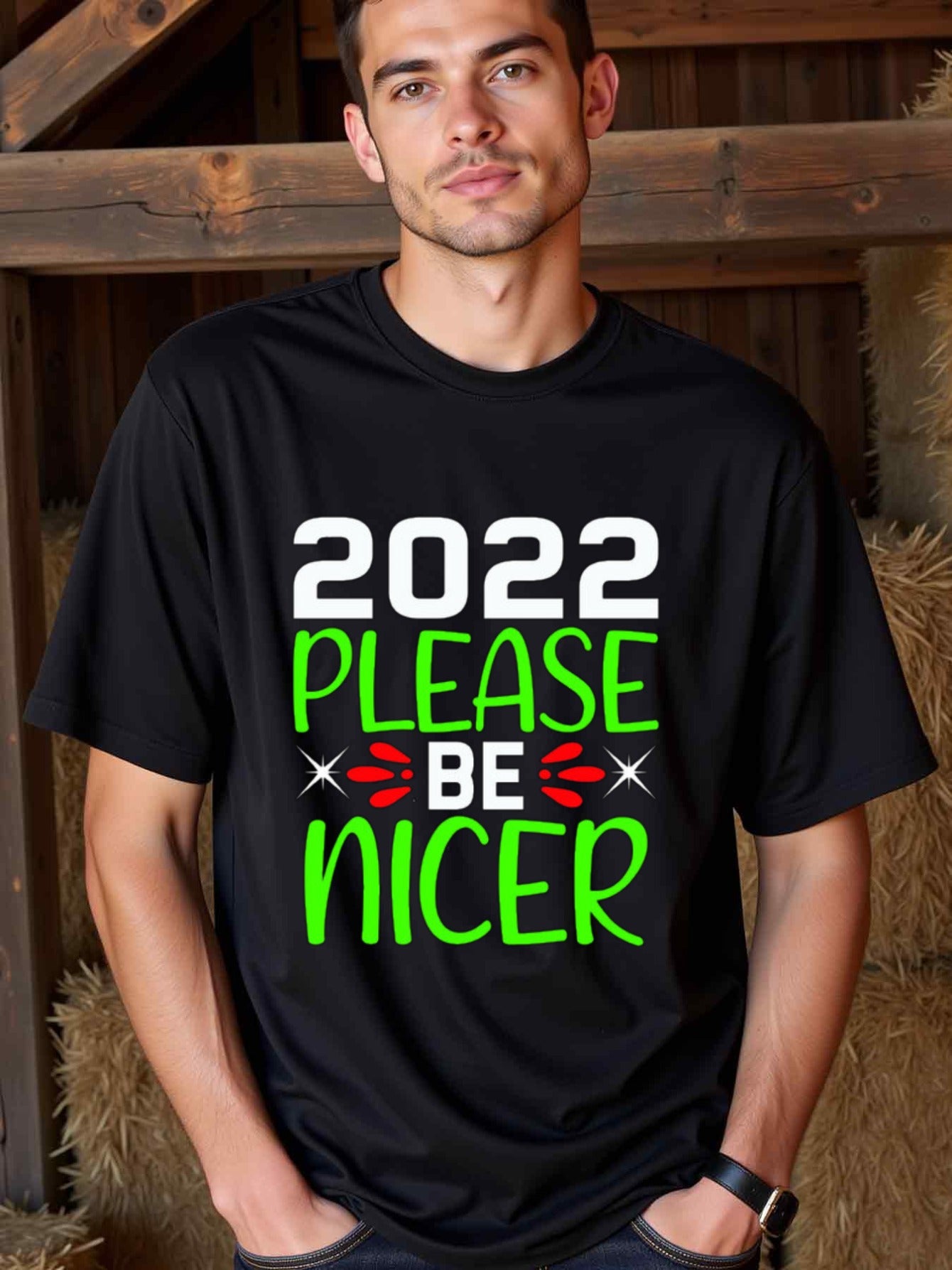 natee local warehouse clearance 2022 Please Be Nicer - Festive Holiday T-shirt, man's T-Shirt,100% Cotton Fabric,Crew Neck,Short Sleeve,Regular Fit,All-Season Casual Wear,180gsm-Ideal for Valentines Christian festival Thanksgiving Day,