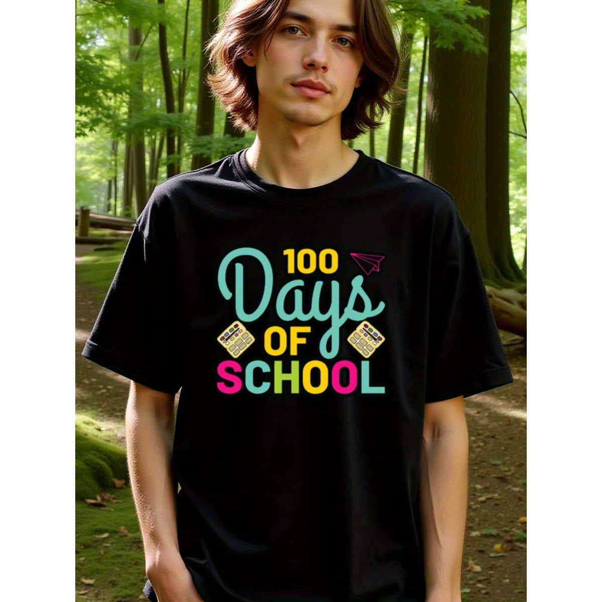 natee local warehouse clearance 100 Days of School Celebration T-shirt, man's T-Shirt,100% Cotton Fabric,Crew Neck,Short Sleeve,Regular Fit,All-Season Casual Wear,180gsm-Ideal for Valentines Christian festival Thanksgiving Day, 男t