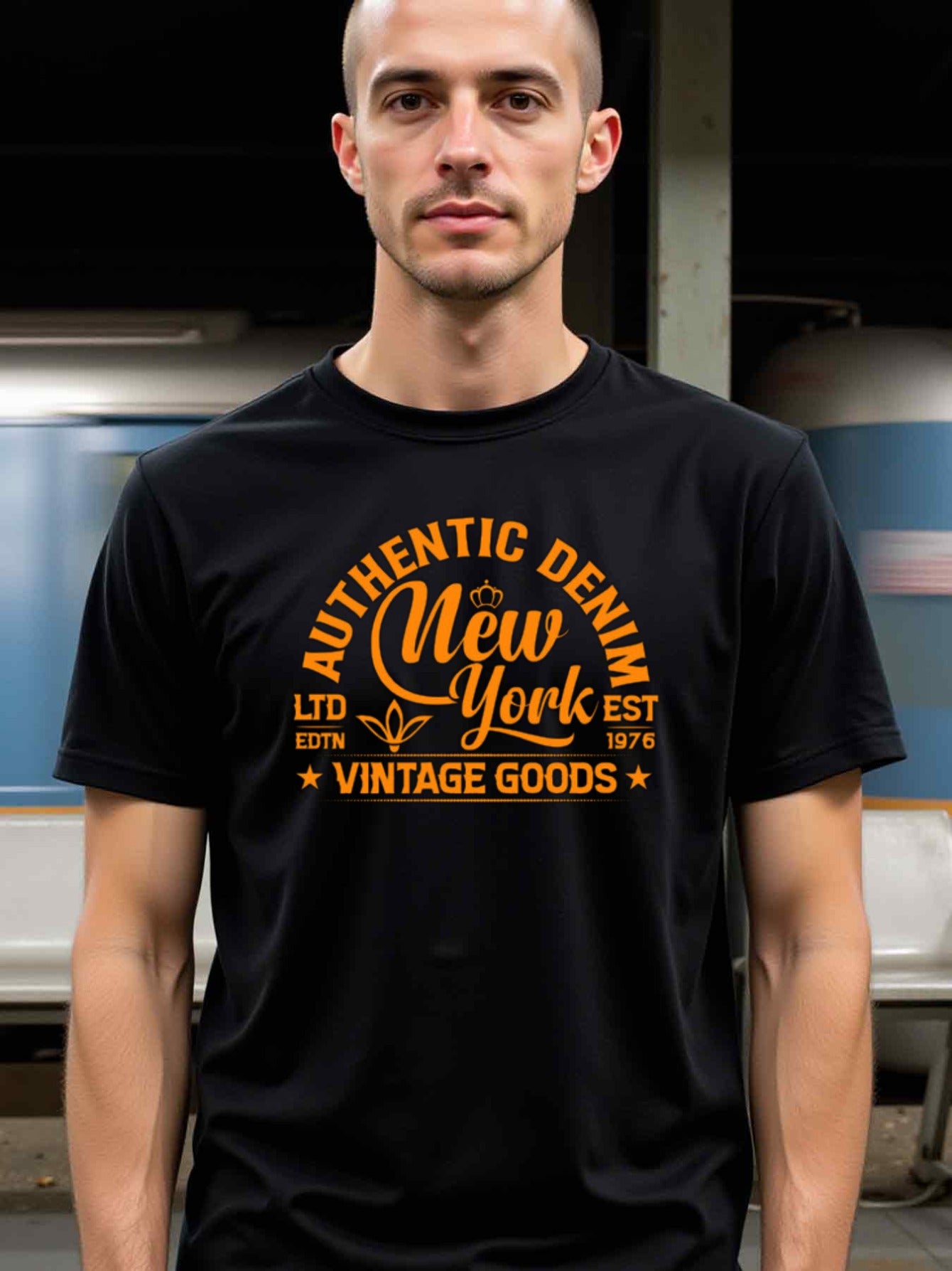 natee local warehouse clearance Authentic Denim New York Est. 1976 Vintage Goods Limited Edition T-shirt, man's T-Shirt,100% Cotton Fabric,Crew Neck,Short Sleeve,Regular Fit,All-Season Casual Wear,180gsm-Ideal for Valentines Christian festival Thanksgivin