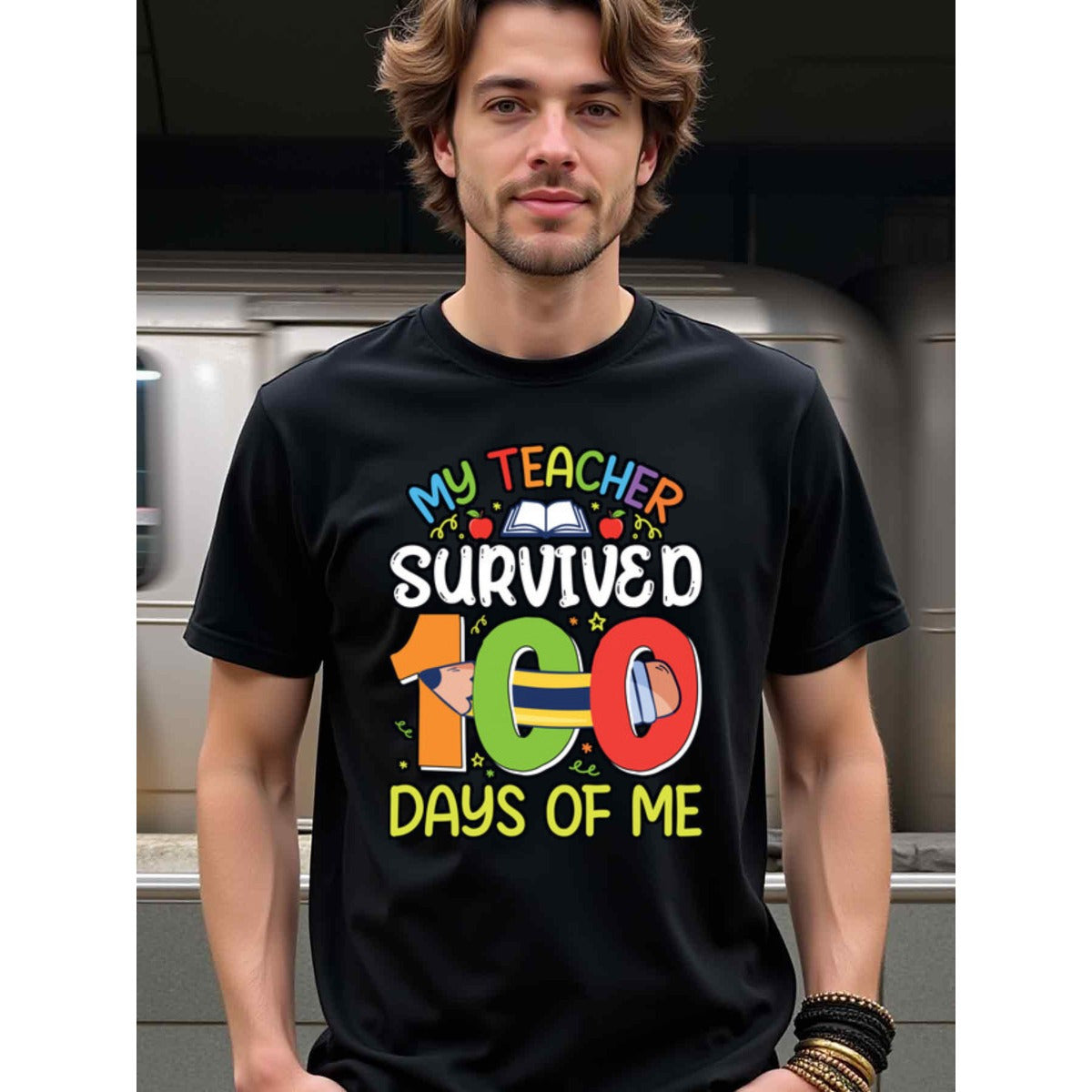 natee local warehouse clearance 100 Days of School Teacher Survival Shirt, man's T-Shirt,100% Cotton Fabric,Crew Neck,Short Sleeve,Regular Fit,All-Season Casual Wear,180gsm-Ideal for All Saints' Day Thanksgiving Day, 男t