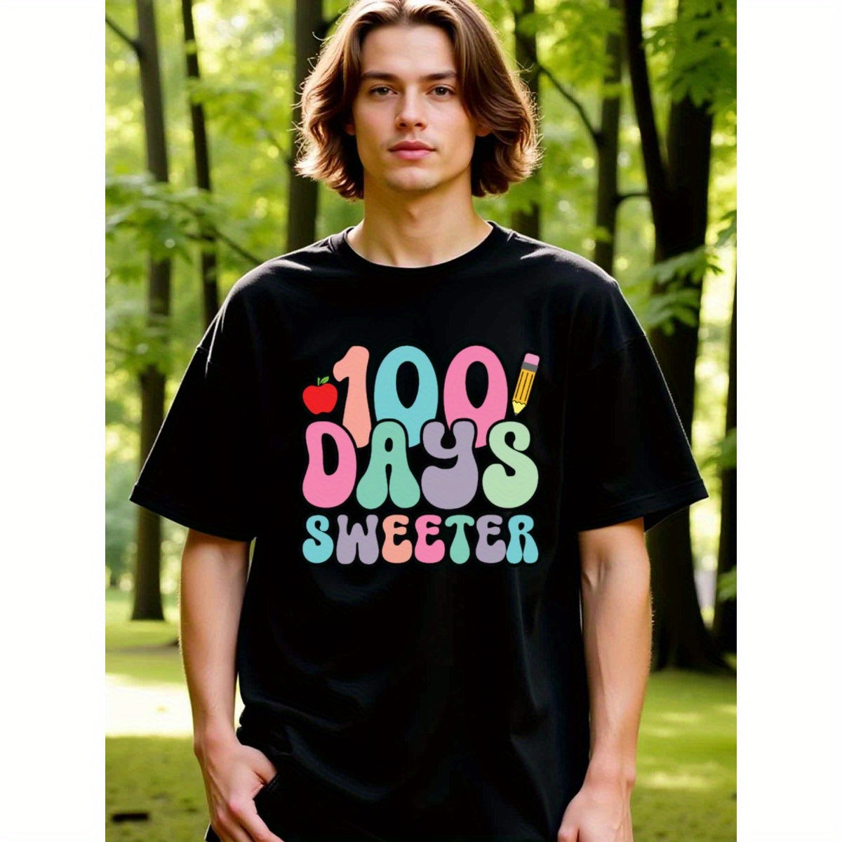 natee local warehouse clearance 100 Days Sweeter: Colorful Typography T-shirt, 100% Cotton Fabric,Crew Neck,Short Sleeve,Regular Fit,All-season casual wear for man and teens-perfect for running, hiking, the beach, and parties Christian festival Thanksgivi