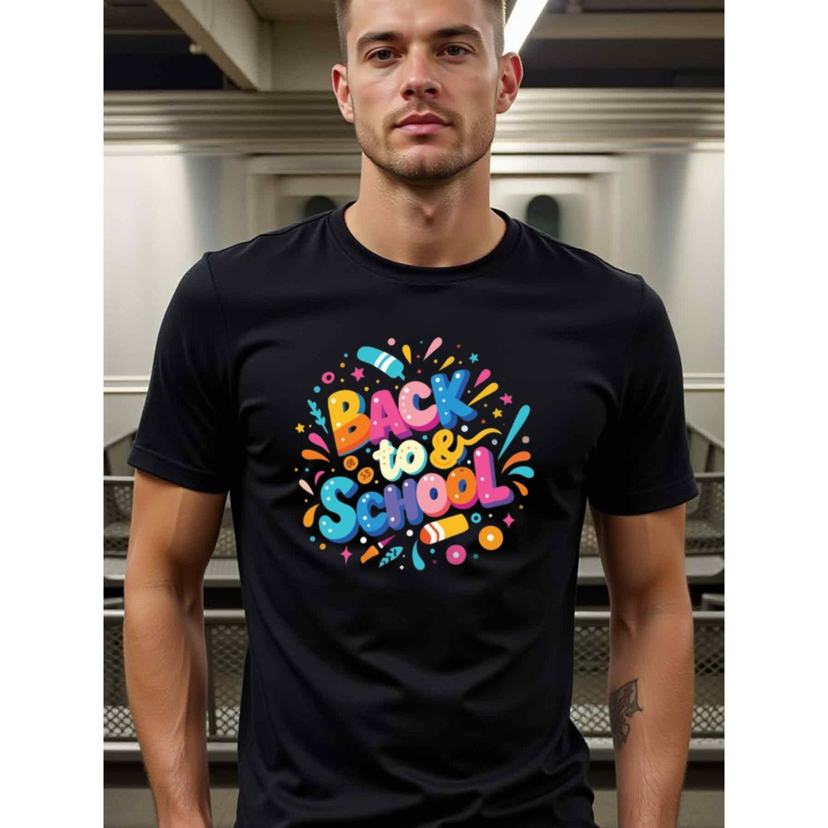 natee local warehouse clearance Back to School Fun & Colorful Graphic Tee, man's T-Shirt,100% Cotton Fabric,Crew Neck,Short Sleeve,Regular Fit,All-Season Casual Wear,180gsm-Ideal for Valentines Christian festival Thanksgiving Day, 男t