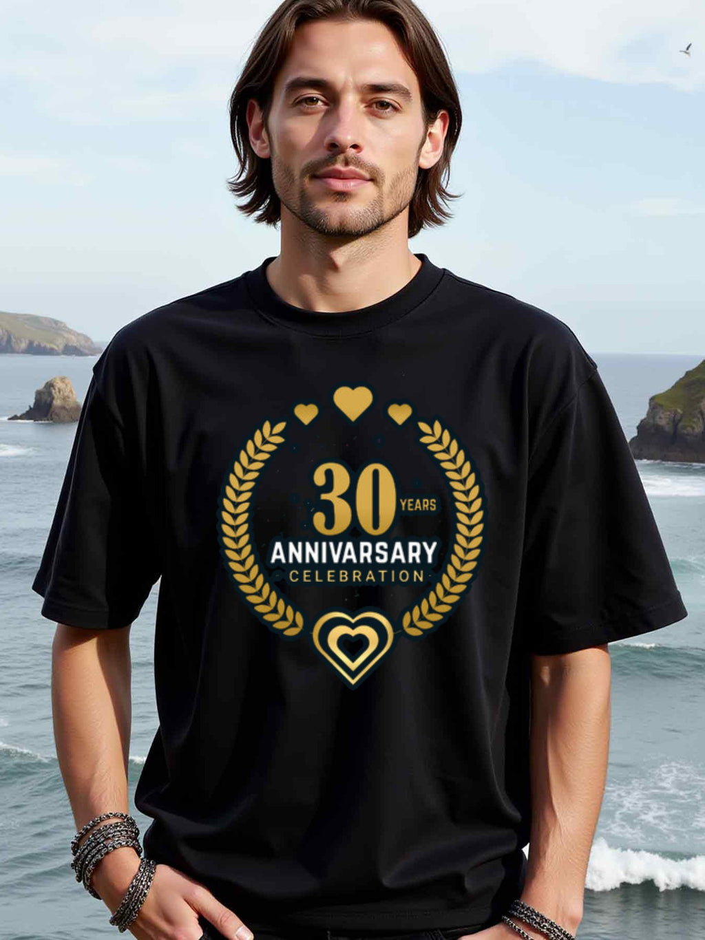 natee local warehouse clearance 30th Anniversary Celebration T-shirt - Black & Gold Hearts Design, man's T-Shirt,100% Cotton Fabric,Crew Neck,Short Sleeve,Regular Fit,All-Season Casual Wear,180gsm-Ideal for All Saints' Day Thanksgiving Day, 男t