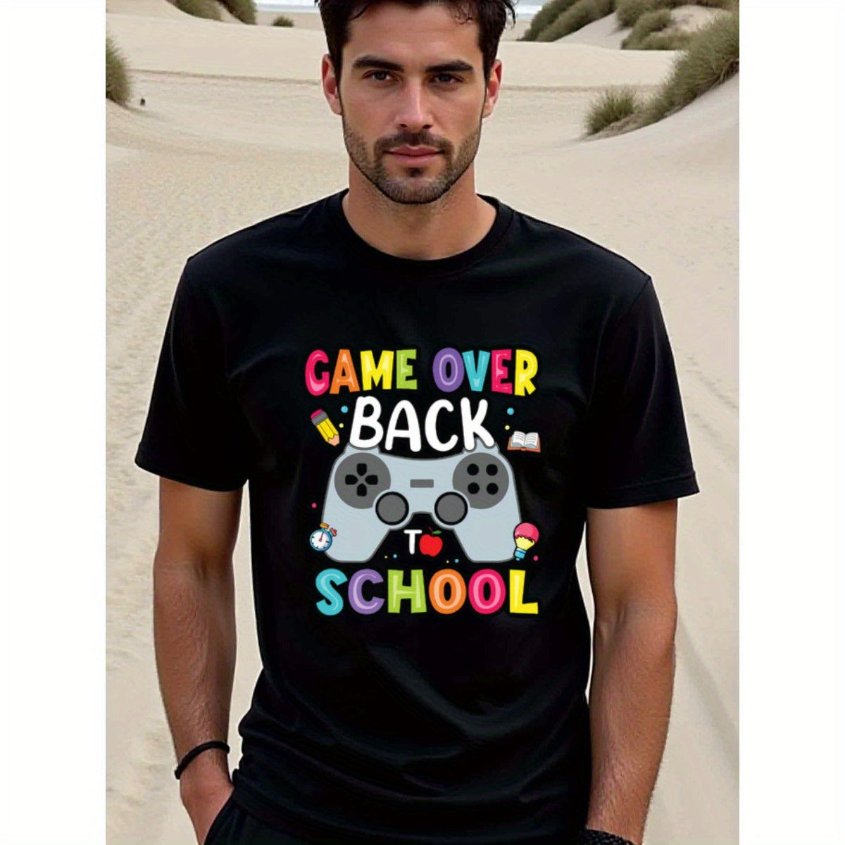 natee local warehouse clearance Back to School Gamer T-shirt: Game Over, Back to School!, 100% Cotton Fabric,Crew Neck,Regular Fit,Weekend Casual Wear,180gsm Family Friends Christian festival Thanksgiving Day, 男t