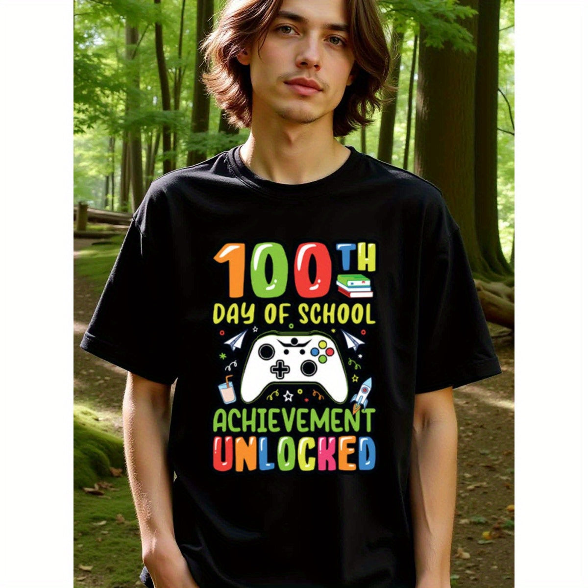 natee local warehouse clearance 100th Day of School: Achievement Unlocked Gamer T-shirt, 100% Cotton Fabric,Crew Neck,Short Sleeve,Regular Fit,All-season casual wear for man and teens-perfect for running, hiking, the beach, and parties Christian festival