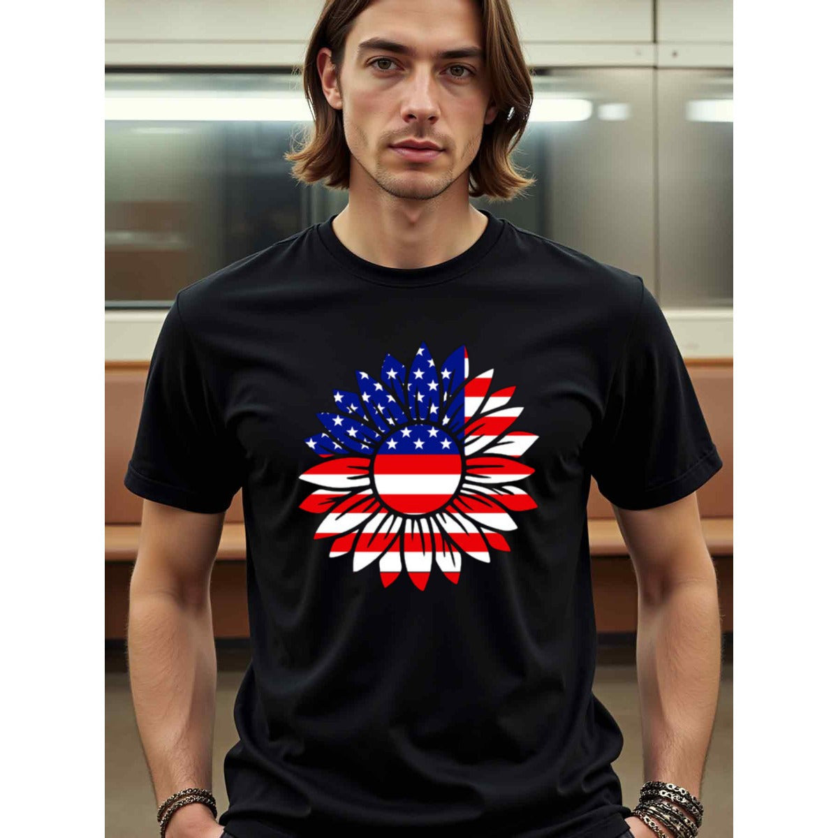 natee local warehouse clearance American Flag Sunflower Patriotic T-shirt, 100% Cotton Fabric,Crew Neck,Regular Fit,Weekend Casual Wear,180gsm Family Friends Christian festival Thanksgiving Day, 男t