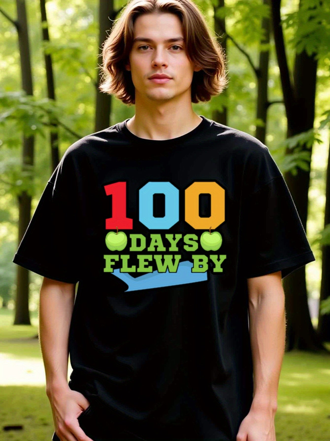 natee local warehouse clearance 100 Days Flew by - Colorful Celebration T-shirt, 100% Cotton Fabric,Crew Neck,Regular Fit,Weekend Casual Wear,180gsm Family Friends Christian festival Thanksgiving Day, 男t