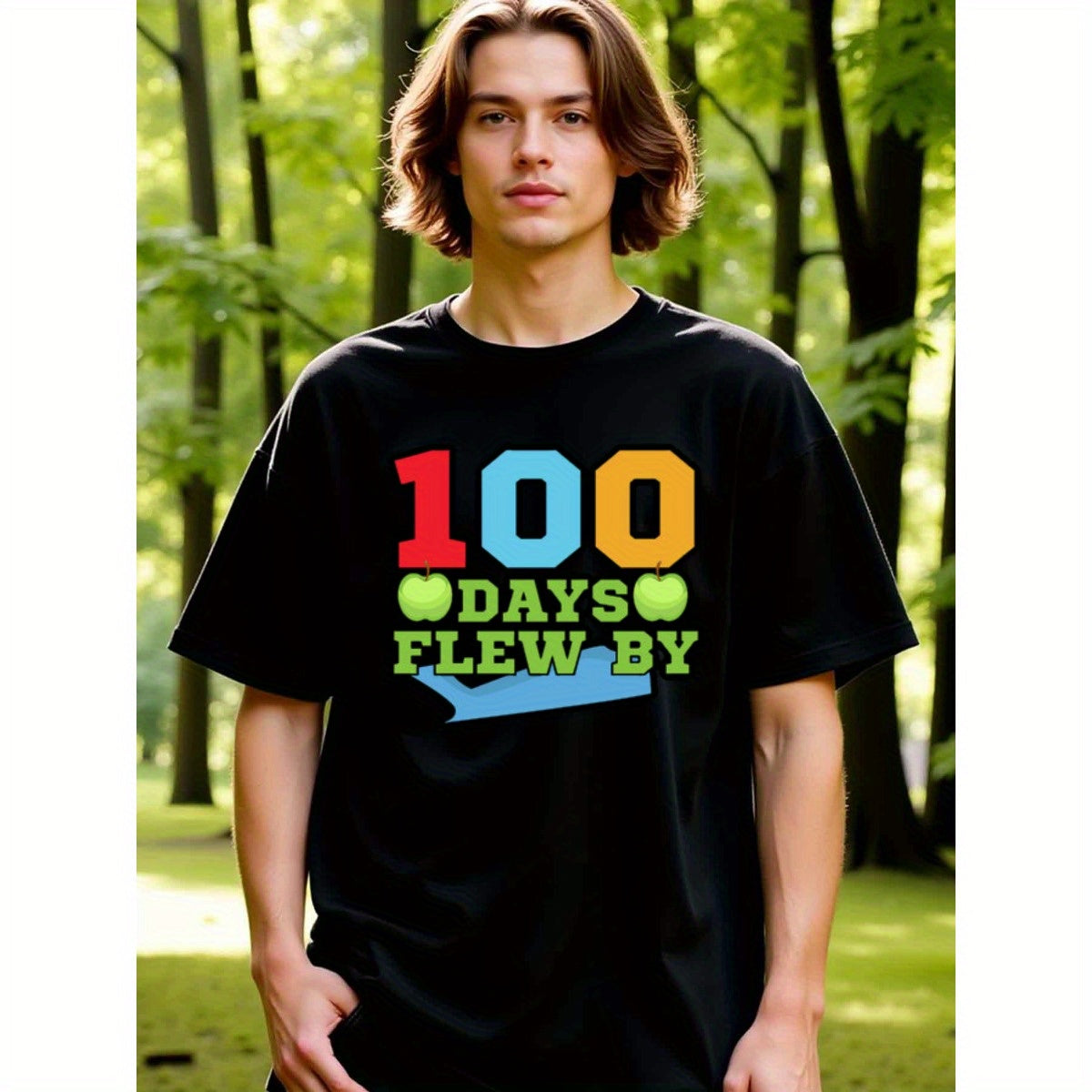 natee local warehouse clearance 100 Days Flew by - Colorful Celebration T-shirt, 100% Cotton Fabric,Crew Neck,Regular Fit,Weekend Casual Wear,180gsm Family Friends Christian festival Thanksgiving Day, 男t