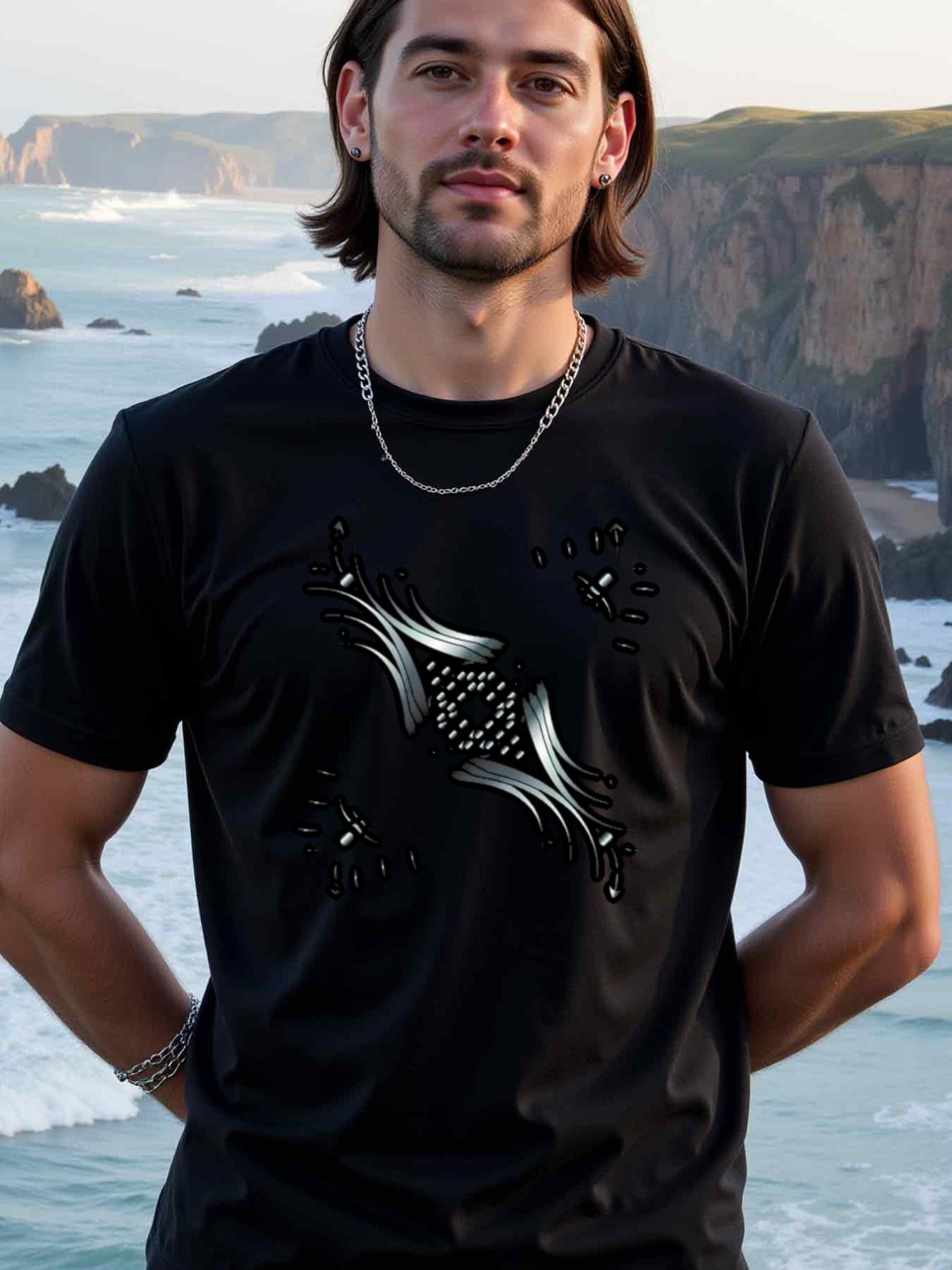 natee local warehouse clearance Abstract Black Graphic Tee: Modern Art Design for Men, 男t