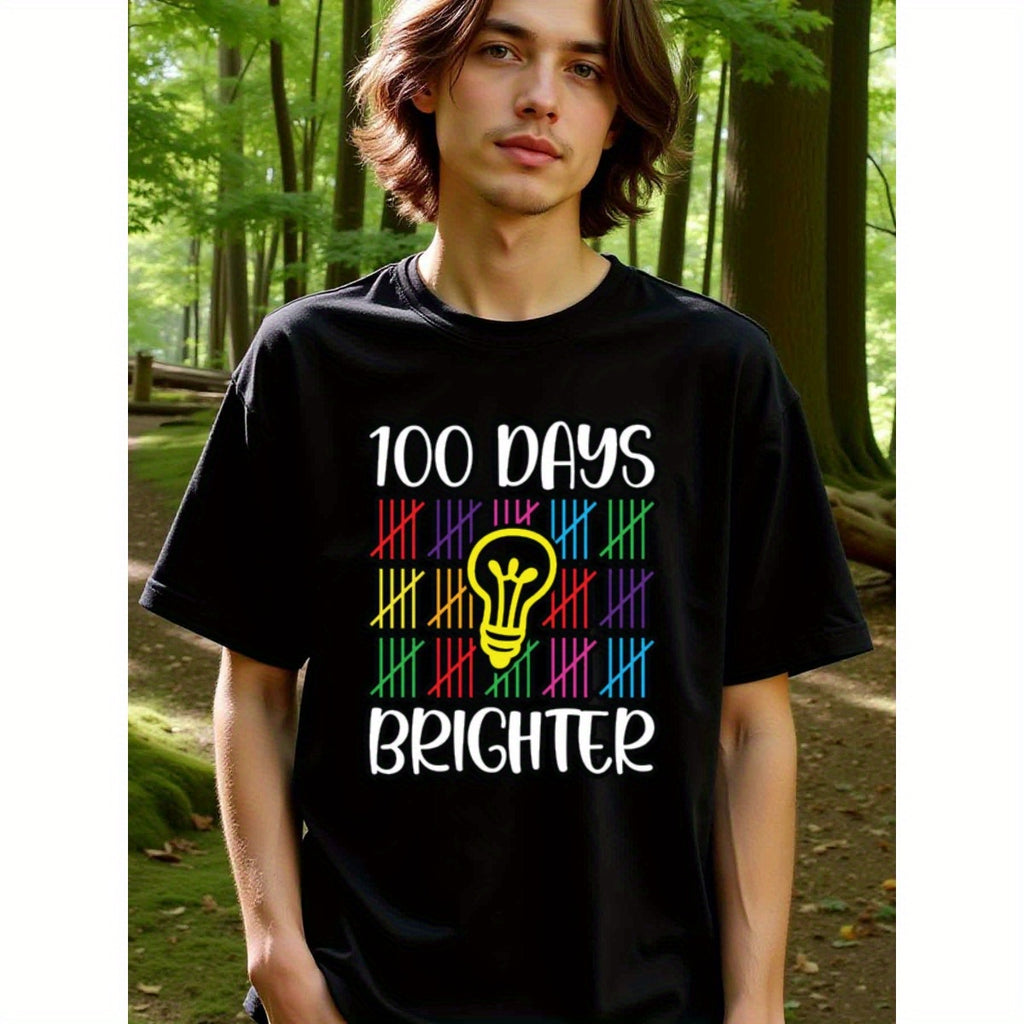 natee local warehouse clearance 100 Days Brighter: Celebrate Learning with Colorful Light Bulb Design, man's T-Shirt,100% Cotton Fabric,Crew Neck,Short Sleeve,Regular Fit,All-Season Casual Wear,180gsm-Ideal For Summer Holiday Gift, 男t