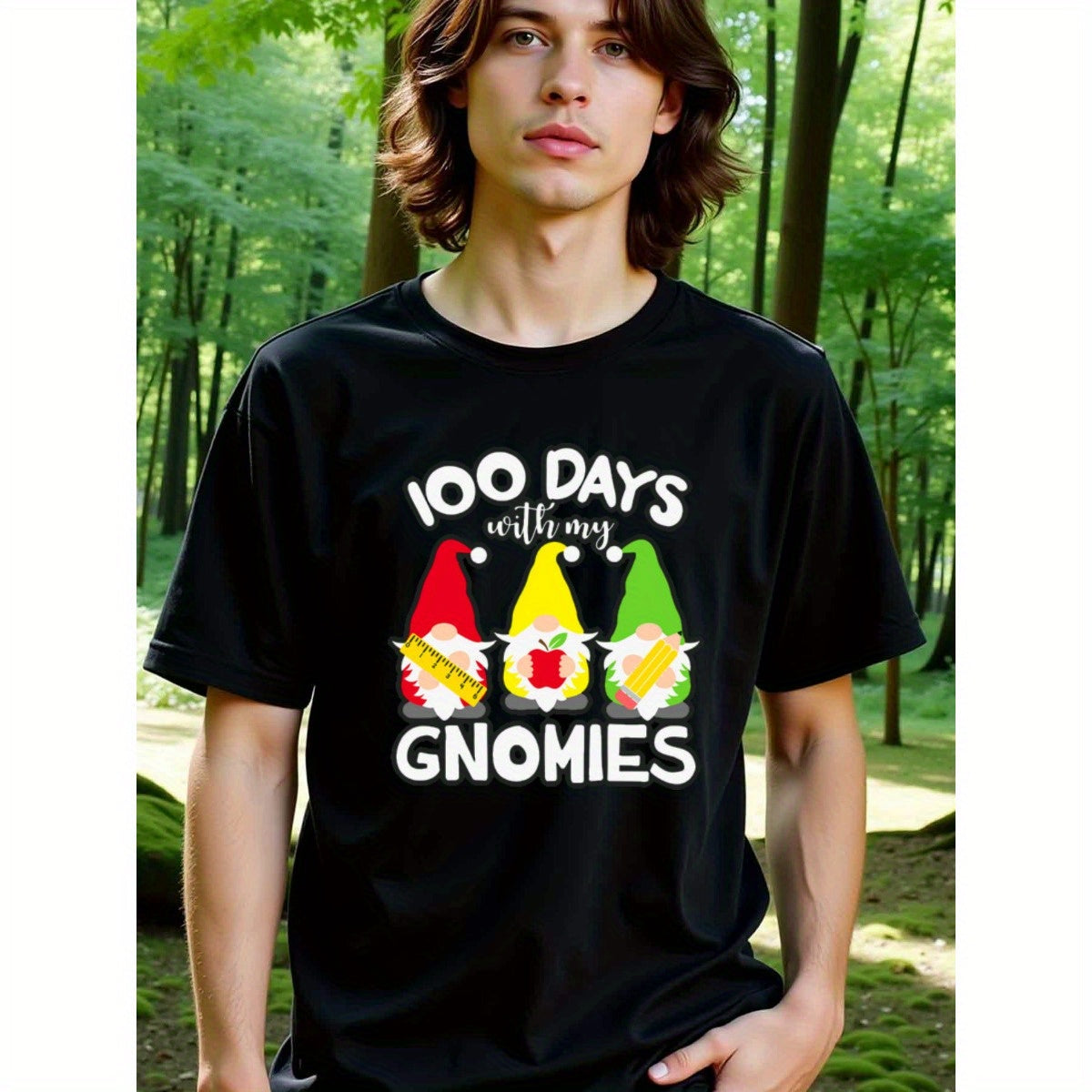 natee local warehouse clearance 100 Days with My Gnomies Teacher Shirt, man's T-Shirt,100% Cotton Fabric,Crew Neck,Short Sleeve,Regular Fit,All-Season Casual Wear,180gsm-Ideal For Summer Holiday Gift, 男t