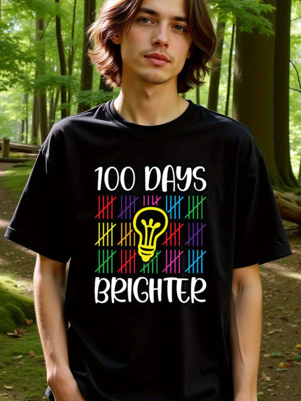 natee local warehouse clearance 100 Days Brighter: Celebrate Learning with Colorful Light Bulb Design, man's T-Shirt,100% Cotton Fabric,Crew Neck,Short Sleeve,Regular Fit,All-Season Casual Wear,180gsm-Ideal For Summer Holiday Gift, 男t