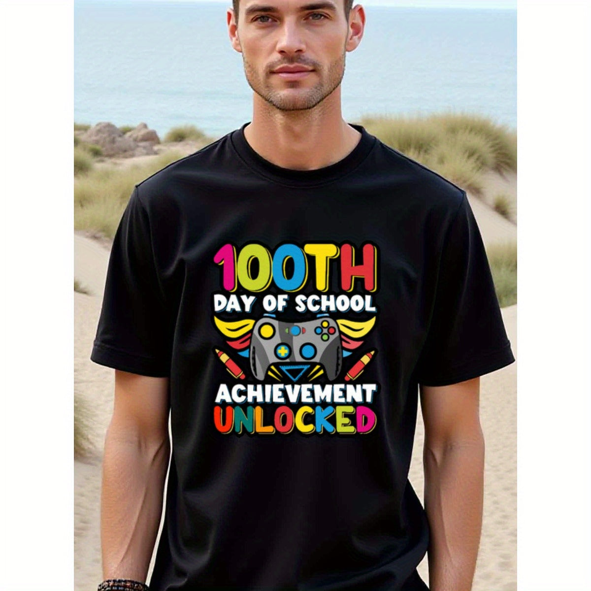 natee local warehouse clearance 100th Day of School Achievement Unlocked Gamer T-shirt, man's T-Shirt,100% Cotton Fabric,Crew Neck,Short Sleeve,Regular Fit,All-Season Casual Wear,180gsm-Ideal for Valentines Christian festival Thanksgiving Day, 男t