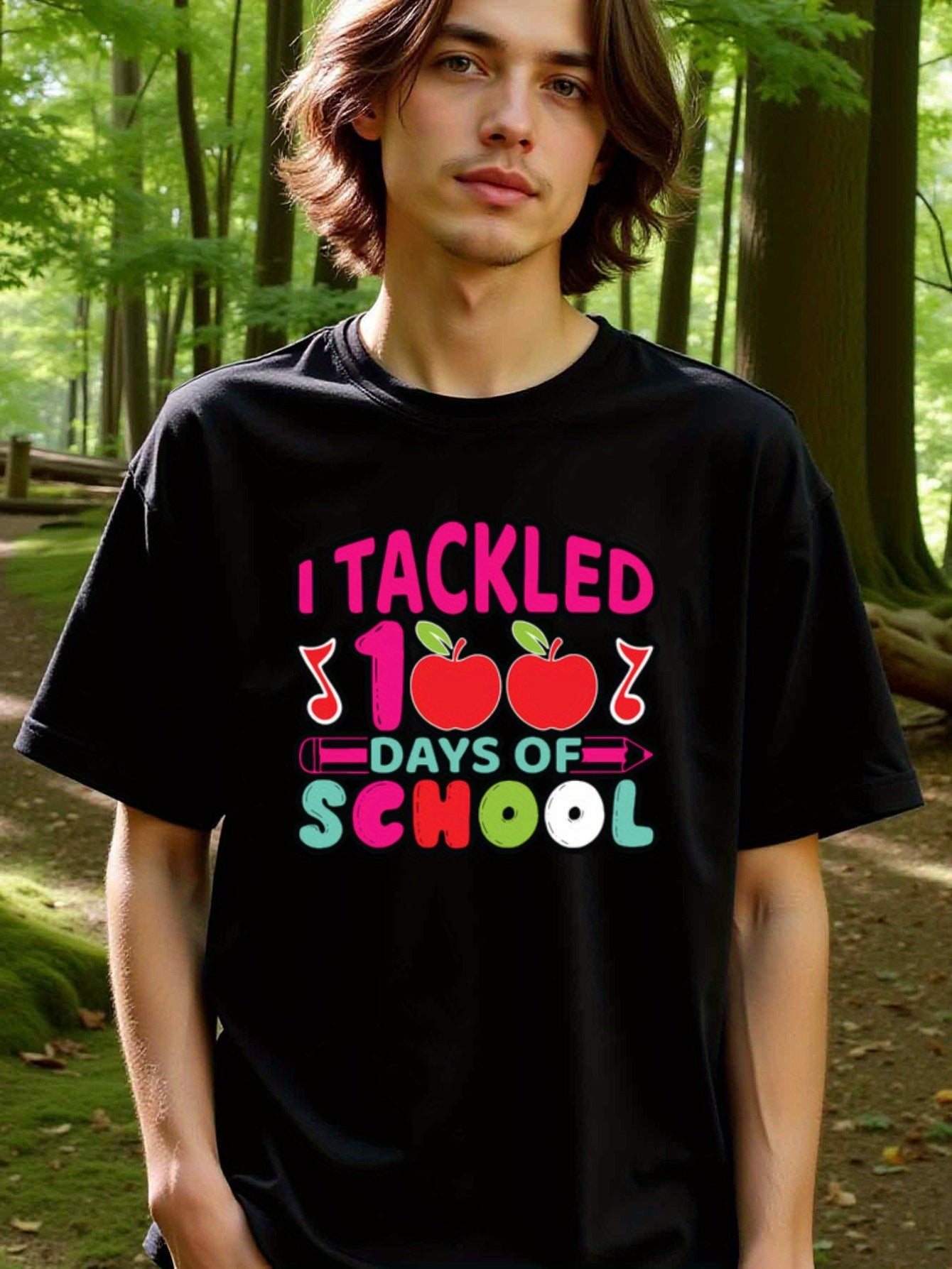 natee local warehouse clearance 100 Days of School Tackle Celebration T-shirt, 100% Cotton Fabric,Crew Neck,Regular Fit,Weekend Casual Wear,180gsm Family Friends Christian festival Thanksgiving Day, 男t