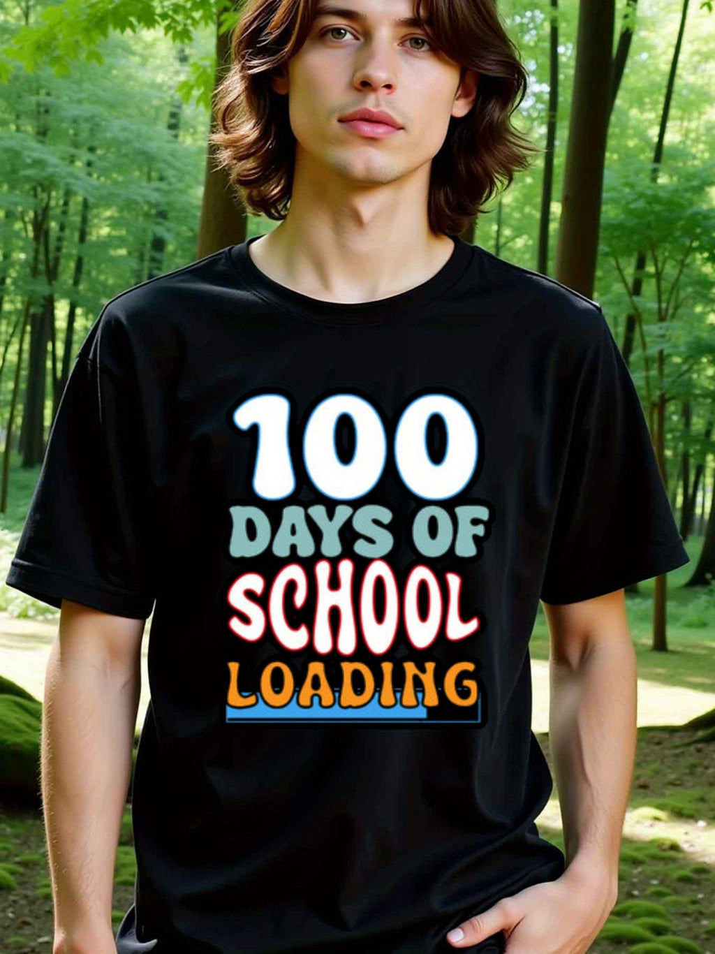 natee local warehouse clearance 100 Days of School Loading - Fun Retro Style T-shirt, man's T-Shirt,100% Cotton Fabric,Crew Neck,Short Sleeve,Regular Fit,All-Season Casual Wear,180gsm-Ideal for Valentines Christian festival Thanksgiving Day, 男t