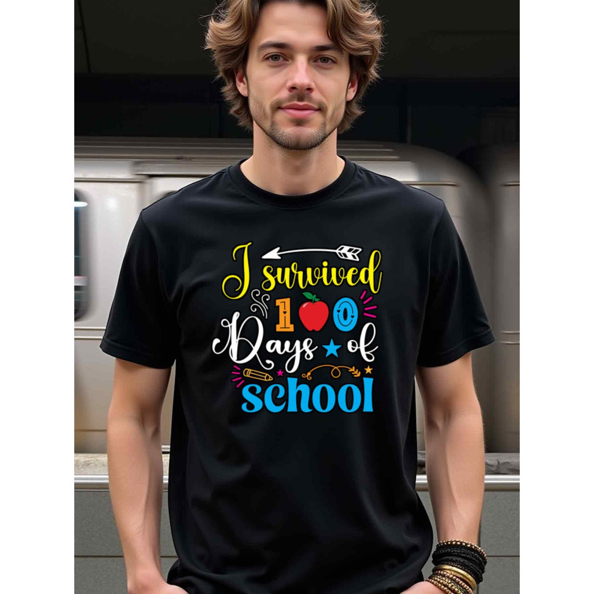natee local warehouse clearance 100 Days of School Survivor: Celebrate Milestone in Style!, 100% Cotton Fabric,Crew Neck,Regular Fit,Weekend Casual Wear,180gsm Family Friends Christian festival Thanksgiving Day, 男t