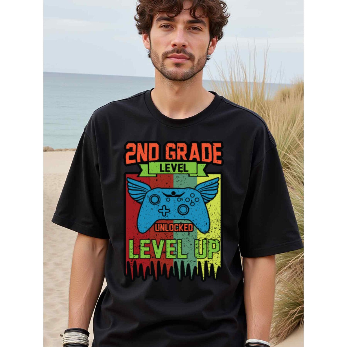 natee local warehouse clearance 2nd Grade Level Unlocked: Gamer's Back-to-school T-shirt, man's T-Shirt,100% Cotton Fabric,Crew Neck,Short Sleeve,Regular Fit,All-Season Casual Wear,180gsm-Ideal For Summer Holiday Gift, 男t