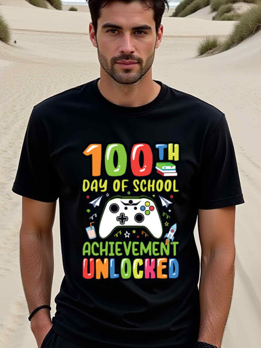 natee local warehouse clearance 100th Day of School: Achievement Unlocked Gamer T-shirt, man's T-Shirt,100% Cotton Fabric,Crew Neck,Short Sleeve,Regular Fit,All-Season Casual Wear,180gsm-Ideal For Summer Holiday Gift, 男t