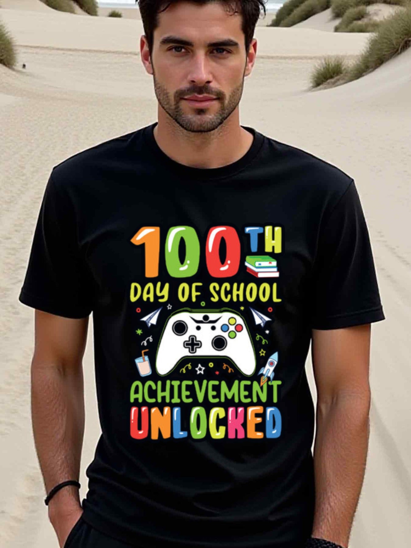 natee local warehouse clearance 100th Day of School: Achievement Unlocked Gamer T-shirt, man's T-Shirt,100% Cotton Fabric,Crew Neck,Short Sleeve,Regular Fit,All-Season Casual Wear,180gsm-Ideal For Summer Holiday Gift, 男t