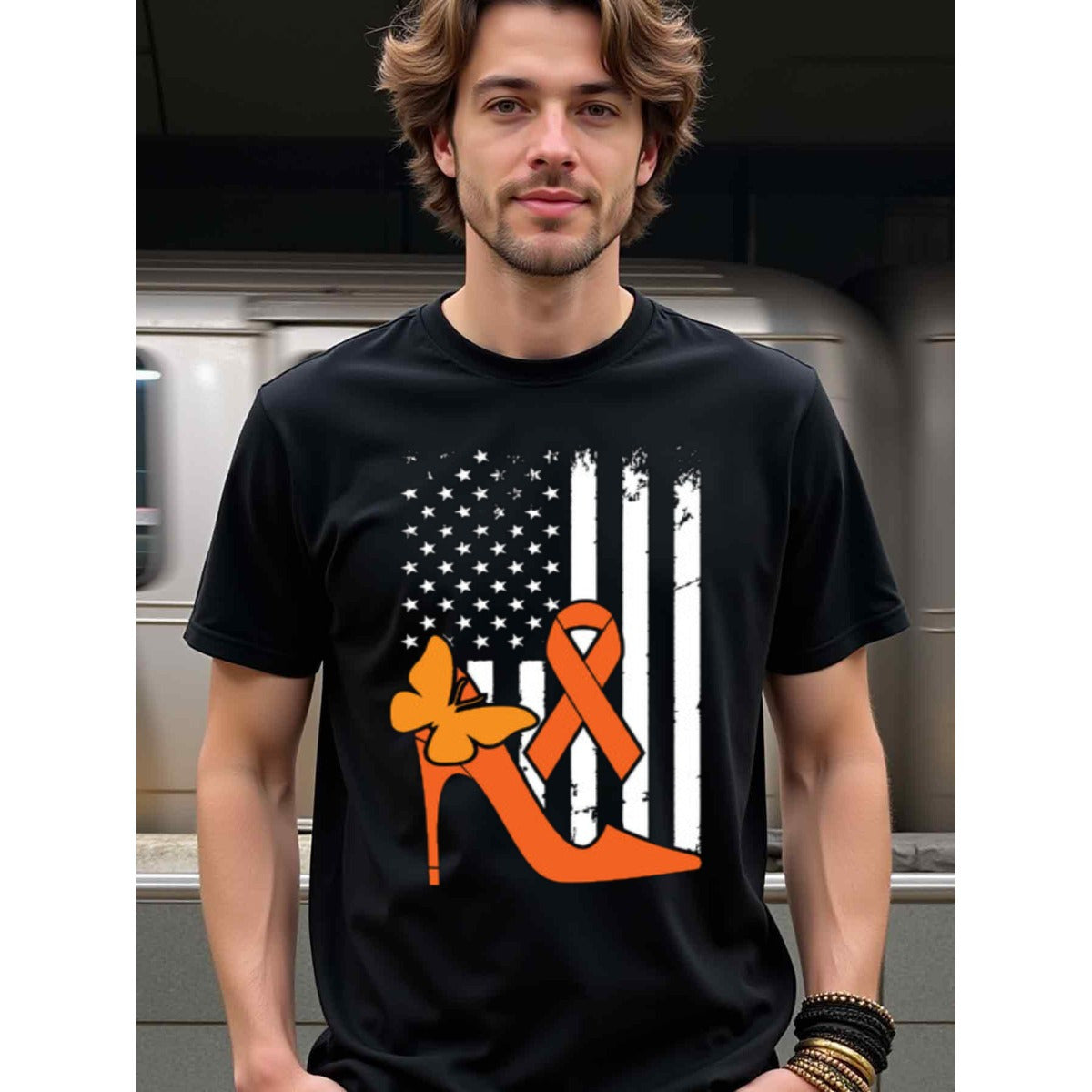 natee local warehouse clearance American Flag & Orange Ribbon Awareness T-shirt, man's T-Shirt,100% Cotton Fabric,Crew Neck,Short Sleeve,Regular Fit,All-Season Casual Wear,180gsm-Ideal For Summer Holiday Gift, 男t