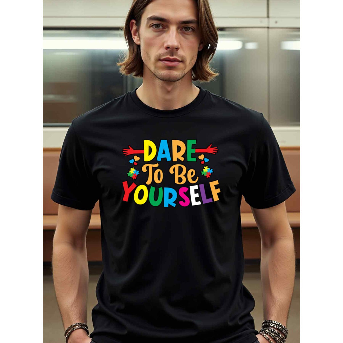 natee local warehouse clearance Autism Awareness: Dare to Be Yourself T-shirt, man's T-Shirt,100% Cotton Fabric,Crew Neck,Short Sleeve,Regular Fit,All-Season Casual Wear,180gsm-Ideal For Summer Holiday Gift, 男t
