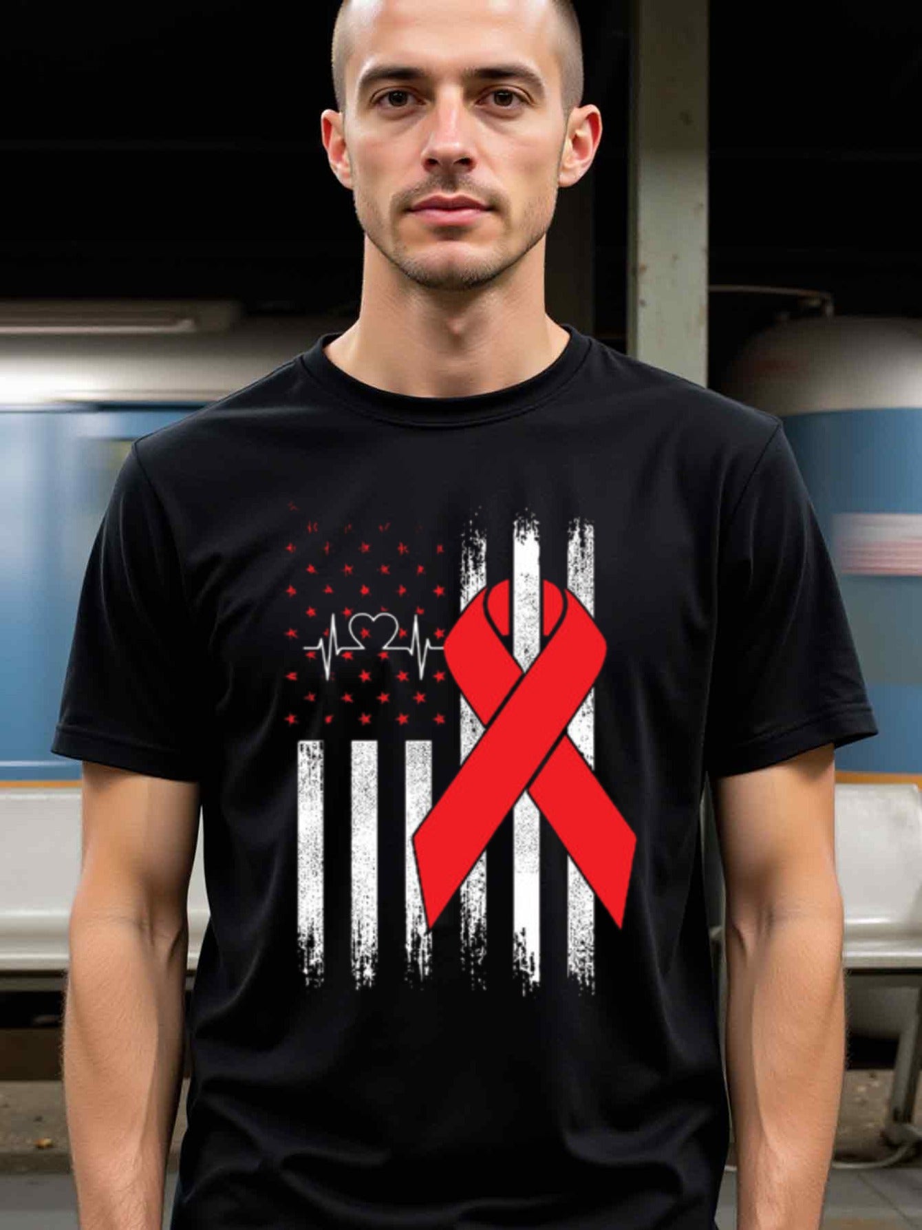 natee local warehouse clearance American Heartbeat Red Ribbon Awareness Flag T-shirt, man's T-Shirt,100% Cotton Fabric,Crew Neck,Short Sleeve,Regular Fit,All-Season Casual Wear,180gsm-Ideal for Valentines Christian festival Thanksgiving Day, 男t