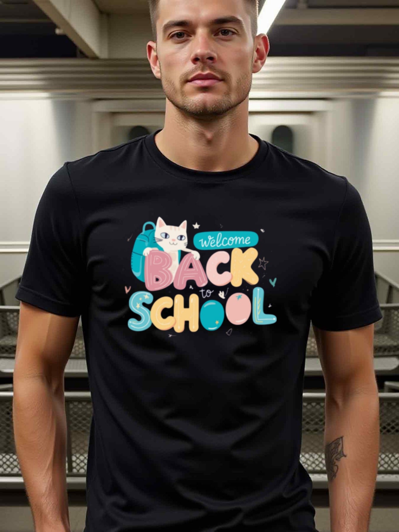 natee local warehouse clearance Back to School Cat with Backpack T-shirt, man's T-Shirt,100% Cotton Fabric,Crew Neck,Short Sleeve,Regular Fit,All-Season Casual Wear,180gsm-Ideal for All Saints' Day Thanksgiving Day, 男t