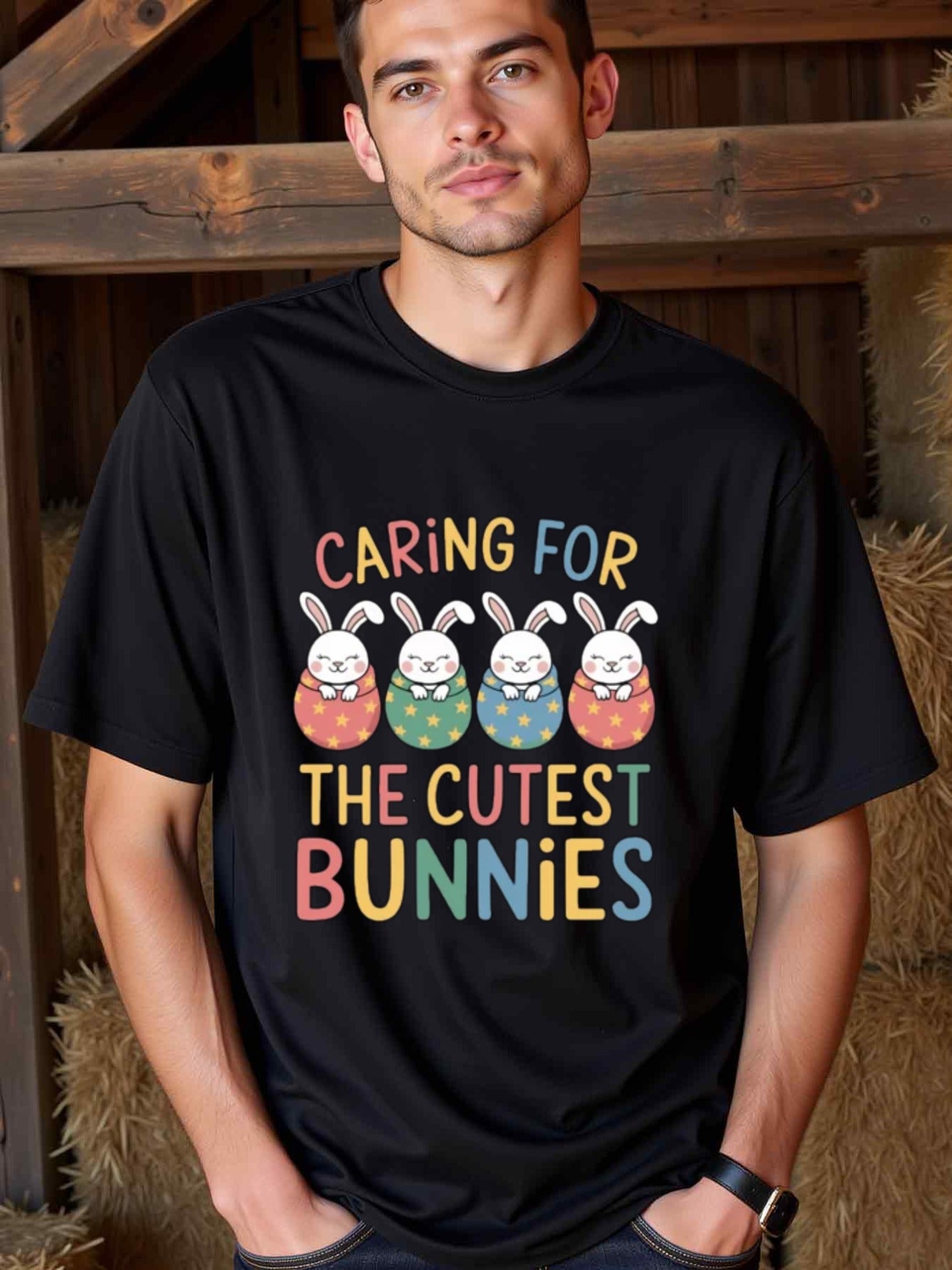 natee local warehouse clearance Adorable Easter Bunny Shirt: Caring for the Cutest Bunnies, man's T-Shirt,100% Cotton Fabric,Crew Neck,Short Sleeve,Regular Fit,All-Season Casual Wear,180gsm-Ideal for All Saints' Day Thanksgiving Day,