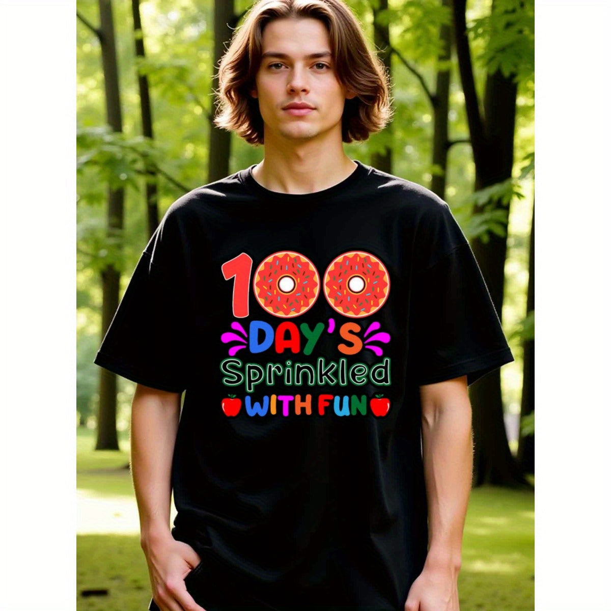 natee local warehouse clearance 100 Days Sprinkled with Fun Donut-themed T-shirt, man's T-Shirt,100% Cotton Fabric,Crew Neck,Short Sleeve,Regular Fit,All-Season Casual Wear,180gsm-Ideal For Summer Holiday Gift, 男t