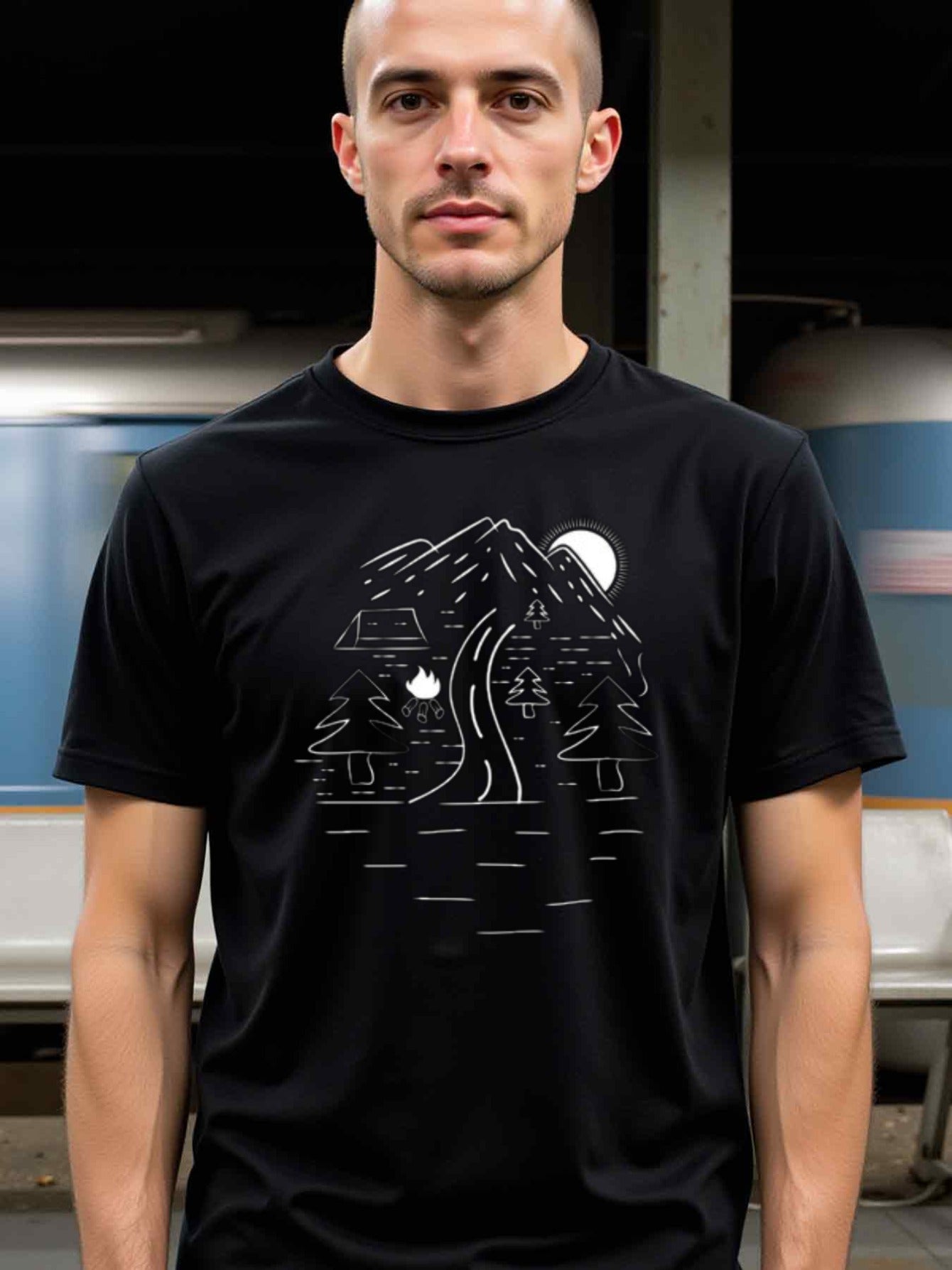 natee local warehouse clearance Adventure Camping Graphic Tee - Mountain & Campfire Design, man's T-Shirt,100% Cotton Fabric,Crew Neck,Short Sleeve,Regular Fit,All-Season Casual Wear,180gsm-Ideal for All Saints' Day Thanksgiving Day, 男t