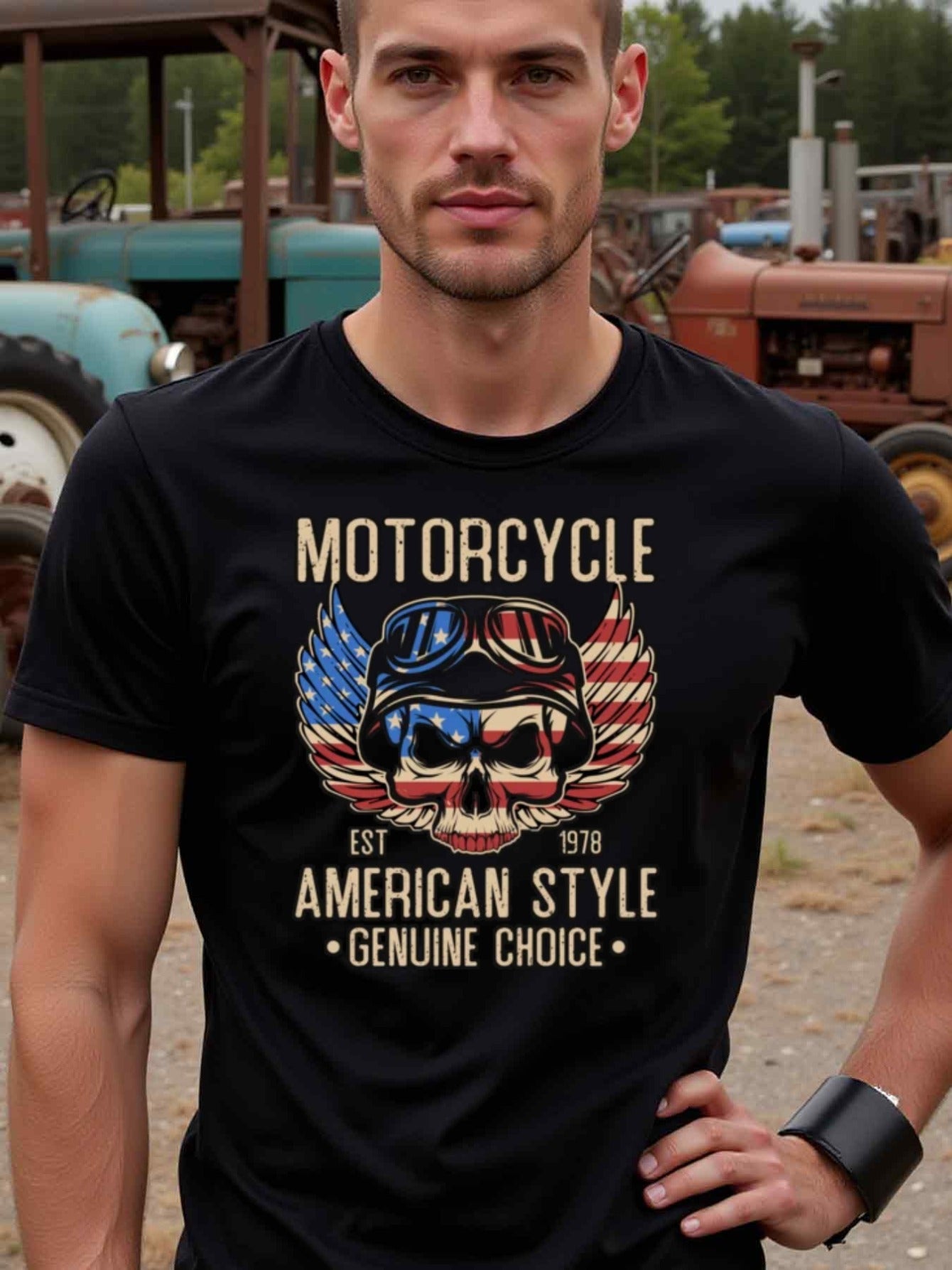 natee local warehouse clearance American Motorcycle Style Skull T-shirt - Est. 1978 Genuine Choice, man's T-Shirt,100% Cotton Fabric,Crew Neck,Short Sleeve,Regular Fit,All-Season Casual Wear,180gsm-Ideal for Valentines Christian festival Thanksgiving Day,