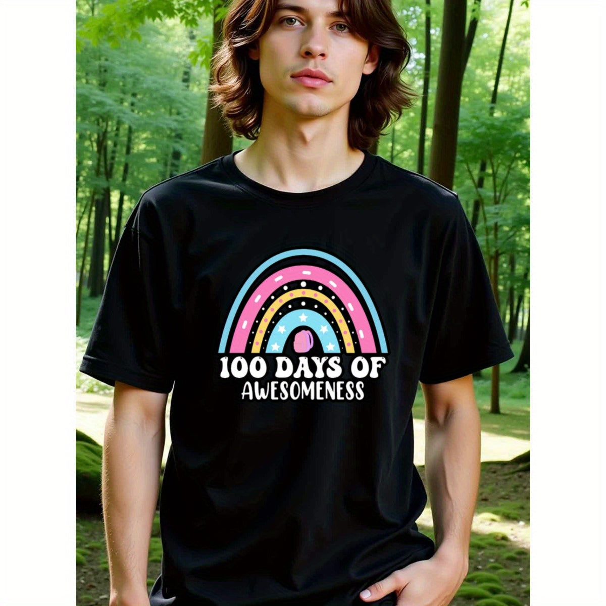 natee local warehouse clearance 100 Days of Awesomeness Rainbow T-shirt, man's T-Shirt,100% Cotton Fabric,Crew Neck,Short Sleeve,Regular Fit,All-Season Casual Wear,180gsm-Ideal For Summer Holiday Gift, 男t