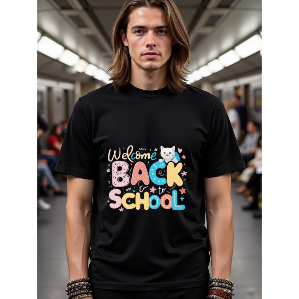 natee local warehouse clearance Back to School Cat Graphic Tee for Kids & Adults, man's T-Shirt,100% Cotton Fabric,Crew Neck,Short Sleeve,Regular Fit,All-Season Casual Wear,180gsm-Ideal For Summer Holiday Gift, 男t
