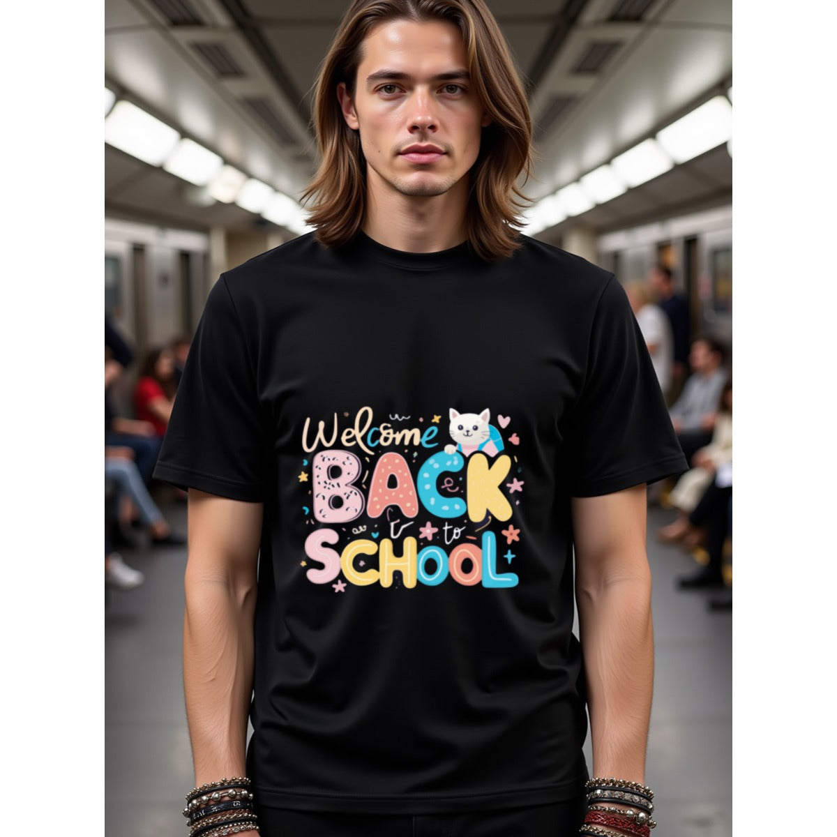 natee local warehouse clearance Back to School Cat Graphic Tee for Kids & Adults, man's T-Shirt,100% Cotton Fabric,Crew Neck,Short Sleeve,Regular Fit,All-Season Casual Wear,180gsm-Ideal For Summer Holiday Gift, 男t