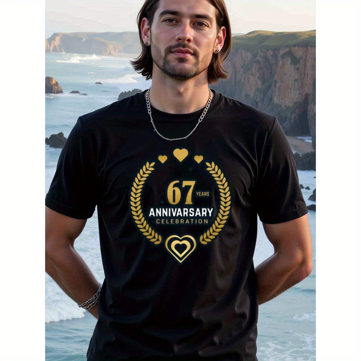 natee local warehouse clearance 67th Anniversary Celebration T-shirt - Black & Gold Hearts Design, 男t