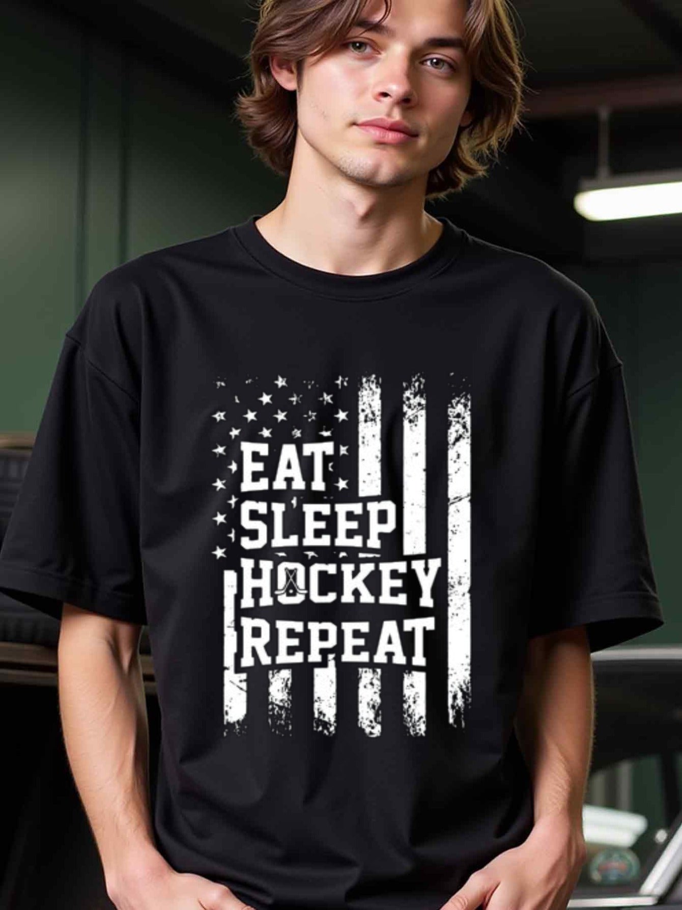 natee local warehouse clearance American Flag Eat Sleep Hockey Repeat T-shirt, 100% Cotton Fabric,Crew Neck,Regular Fit,Weekend Casual Wear,180gsm Family Friends Christian festival Thanksgiving Day, 男t