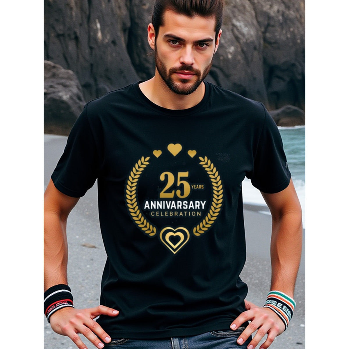 natee local warehouse clearance 25th Anniversary Celebration Black T-shirt, man's T-Shirt,100% Cotton Fabric,Crew Neck,Short Sleeve,Regular Fit,All-Season Casual Wear,180gsm-Ideal for All Saints' Day Thanksgiving Day, 男t