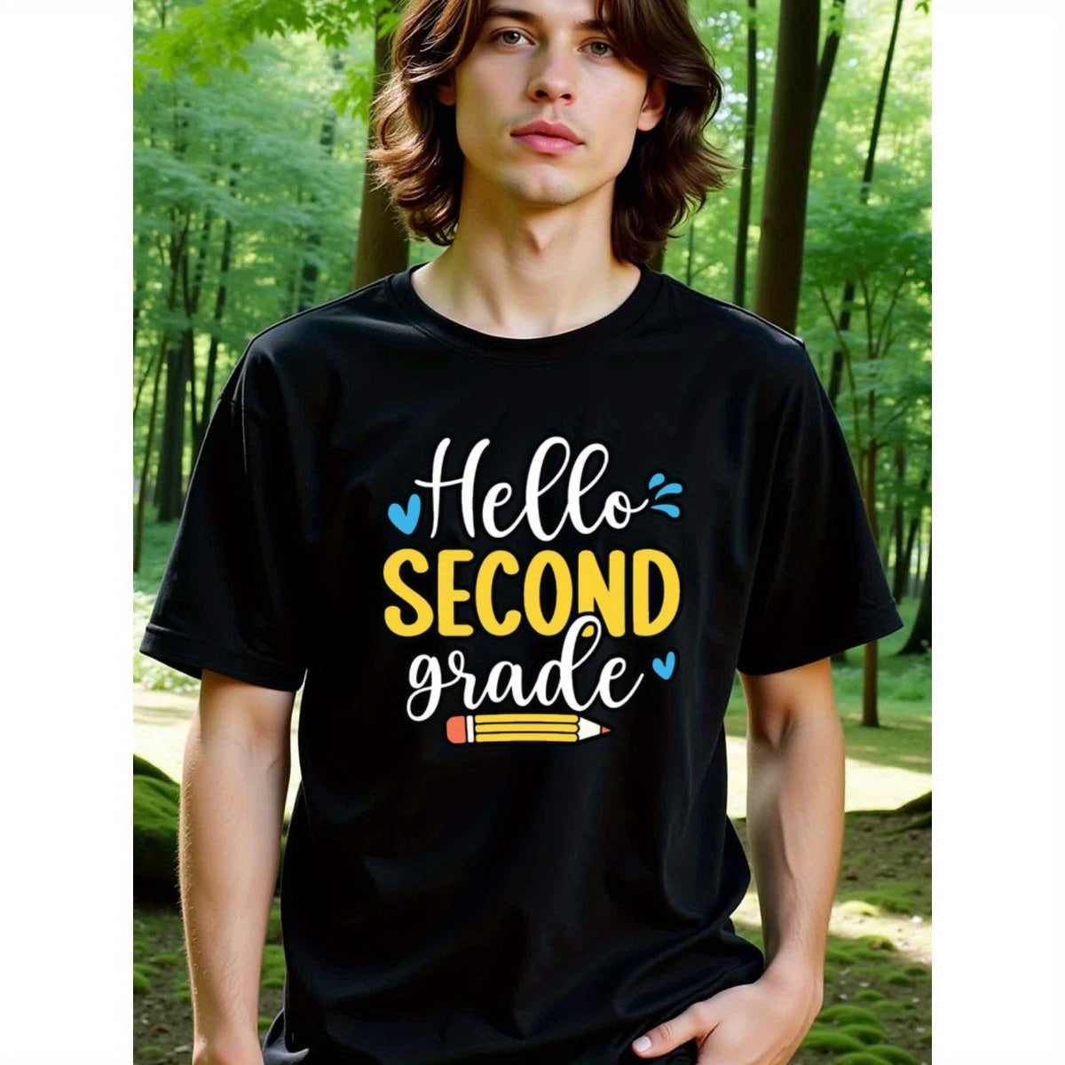 natee local warehouse clearance Back-to-school Hello Second Grade Teacher T-shirt, man's T-Shirt,100% Cotton Fabric,Crew Neck,Short Sleeve,Regular Fit,All-Season Casual Wear,180gsm-Ideal For Summer Holiday Gift, 男t