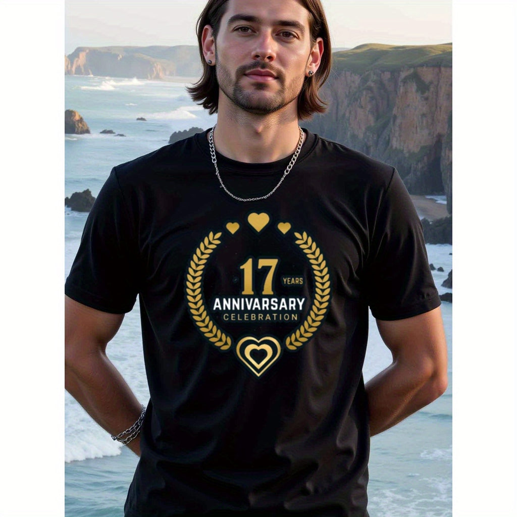 natee local warehouse clearance 17th Anniversary Celebration T-shirt - Black & Gold Hearts Design, 100% Cotton Fabric,Crew Neck,Regular Fit,Weekend Casual Wear,180gsm Family Friends Christian festival Thanksgiving Day, 男t