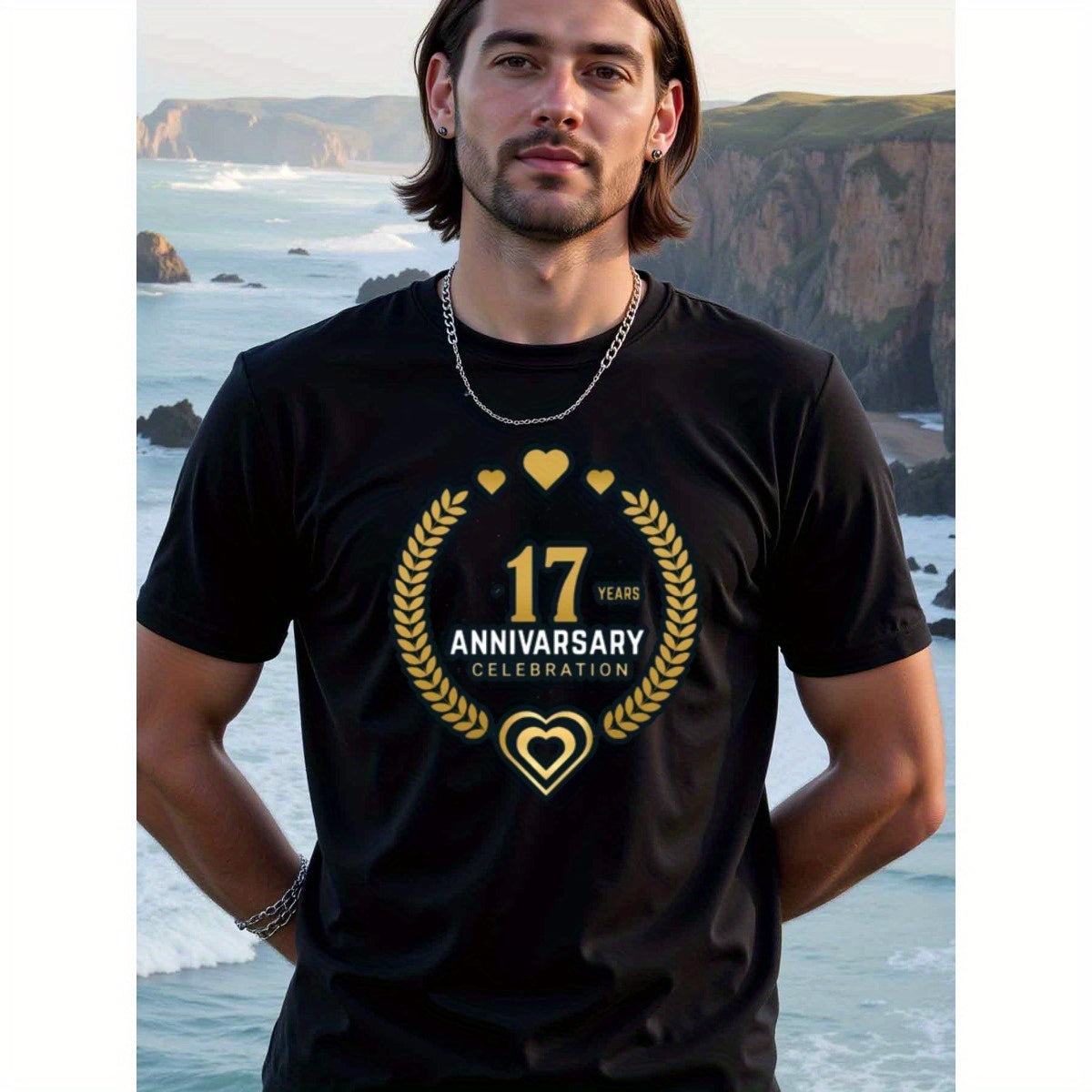 natee local warehouse clearance 17th Anniversary Celebration T-shirt - Black & Gold Hearts Design, 100% Cotton Fabric,Crew Neck,Regular Fit,Weekend Casual Wear,180gsm Family Friends Christian festival Thanksgiving Day, 男t
