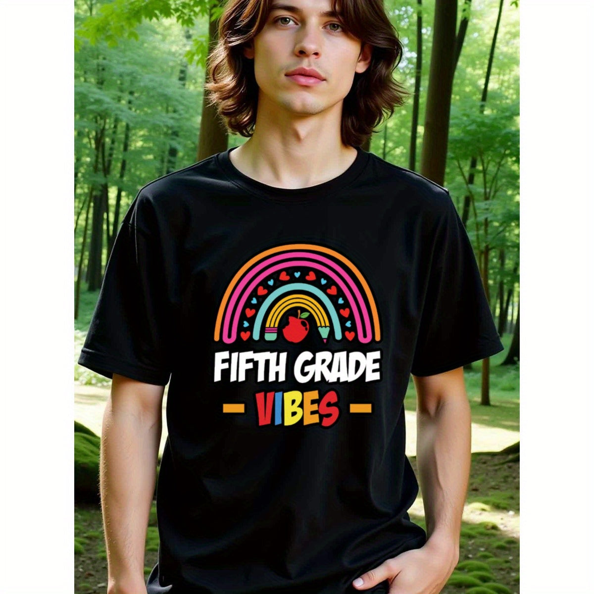 natee local warehouse clearance Back to School Fifth Grade Vibes Rainbow Teacher Shirt, man's T-Shirt,100% Cotton Fabric,Crew Neck,Short Sleeve,Regular Fit,All-Season Casual Wear,180gsm-Ideal for Valentines Christian festival Thanksgiving Day, 男t