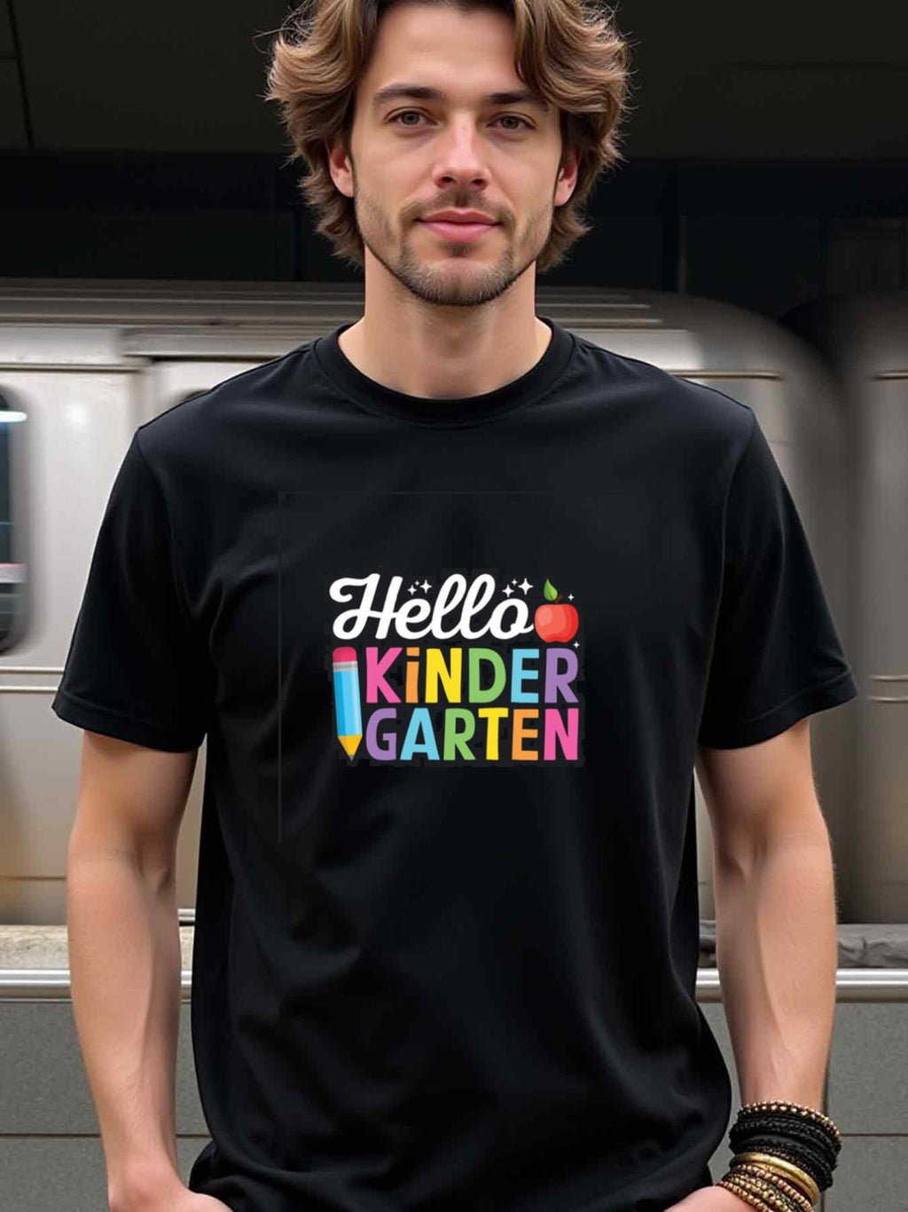 natee local warehouse clearance Back-to-school Hello Kindergarten Graphic Tee, 100% Cotton Fabric,Crew Neck,Short Sleeve,Regular Fit,All-season casual wear for man and teens-perfect for running, hiking, the beach, and parties Christian festival Thanksgivi