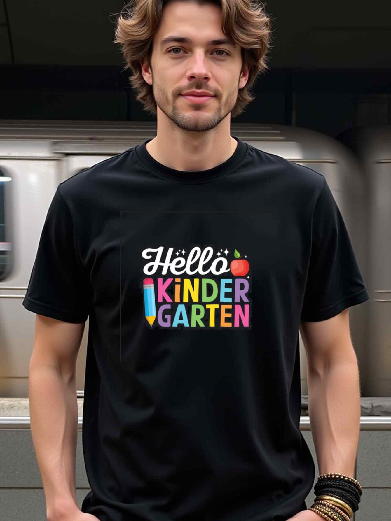 natee local warehouse clearance Back-to-school Hello Kindergarten Graphic Tee, 100% Cotton Fabric,Crew Neck,Short Sleeve,Regular Fit,All-season casual wear for man and teens-perfect for running, hiking, the beach, and parties Christian festival Thanksgivi