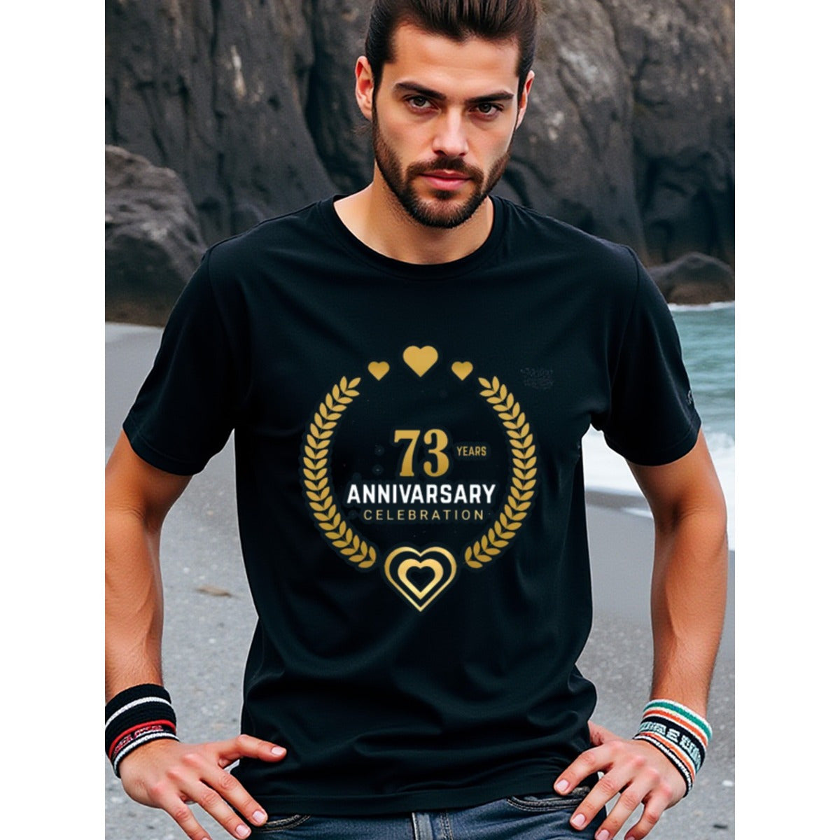 natee local warehouse clearance 73rd Anniversary Celebration T-shirt - Black & Gold Hearts Design, man's T-Shirt,100% Cotton Fabric,Crew Neck,Short Sleeve,Regular Fit,All-Season Casual Wear,180gsm-Ideal For Summer Holiday Gift, 男t