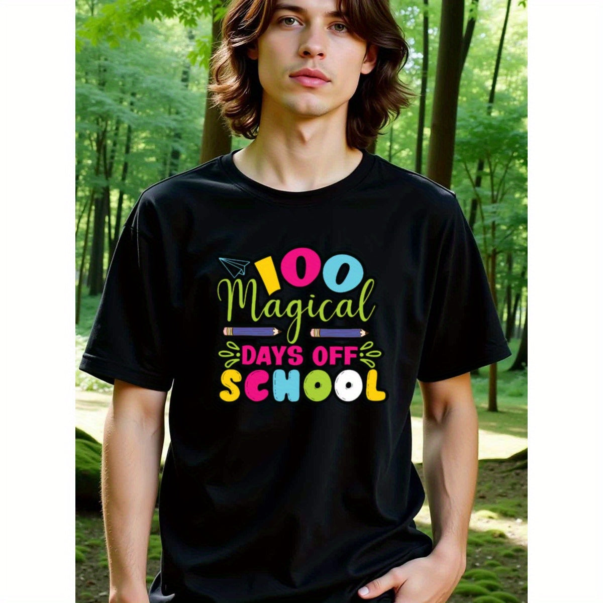 natee local warehouse clearance 100 Magical Days Off School - Fun Teacher Appreciation Shirt, man's T-Shirt,100% Cotton Fabric,Crew Neck,Short Sleeve,Regular Fit,All-Season Casual Wear,180gsm-Ideal for Valentines Christian festival Thanksgiving Day, 男t
