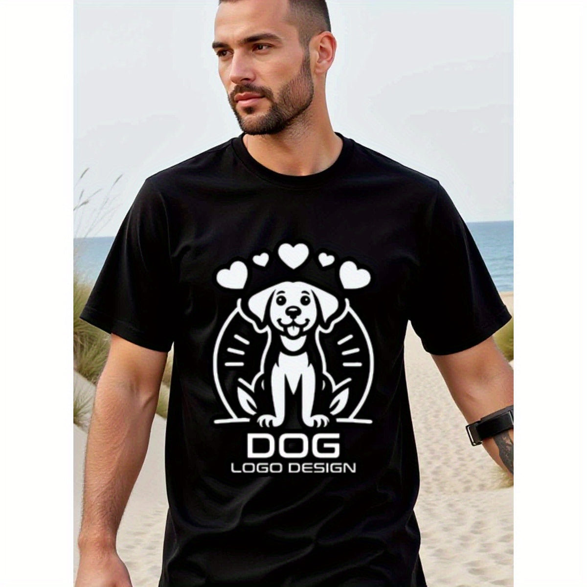 natee local warehouse clearance Adorable Dog with Hearts Logo Design Black T-shirt, man's T-Shirt,100% Cotton Fabric,Crew Neck,Short Sleeve,Regular Fit,All-Season Casual Wear,180gsm-Ideal for All Saints' Day Thanksgiving Day, 男t
